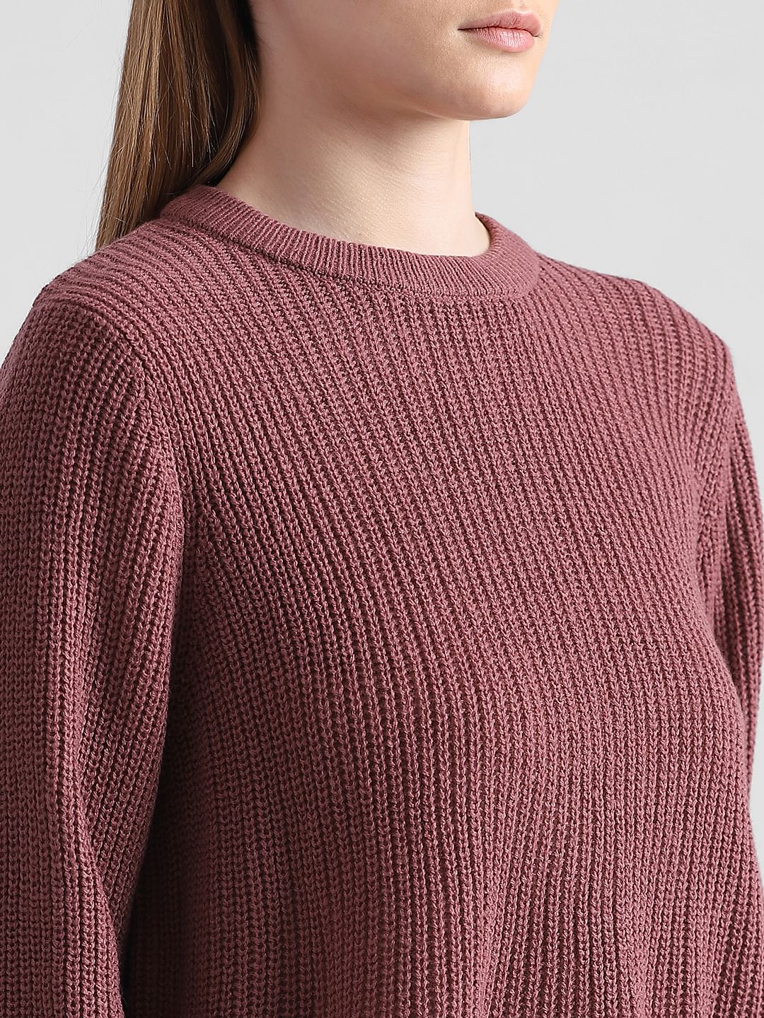 Rose Brown Rib-Knit Pullover