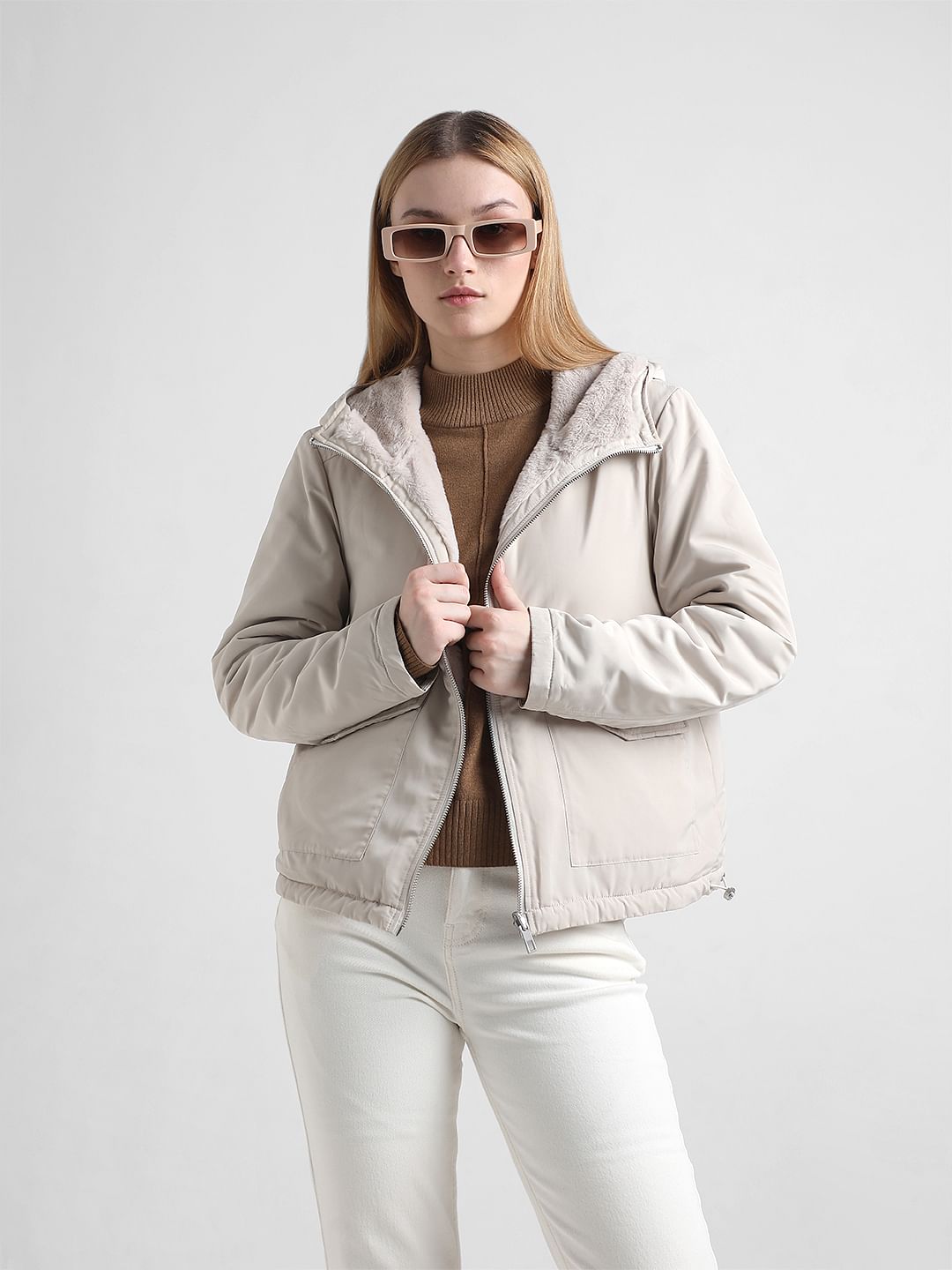 Cream Reversible Hooded Winter Jacket