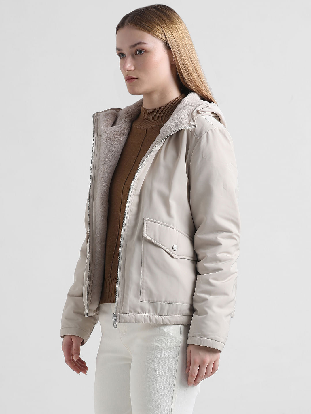 Cream Reversible Hooded Winter Jacket