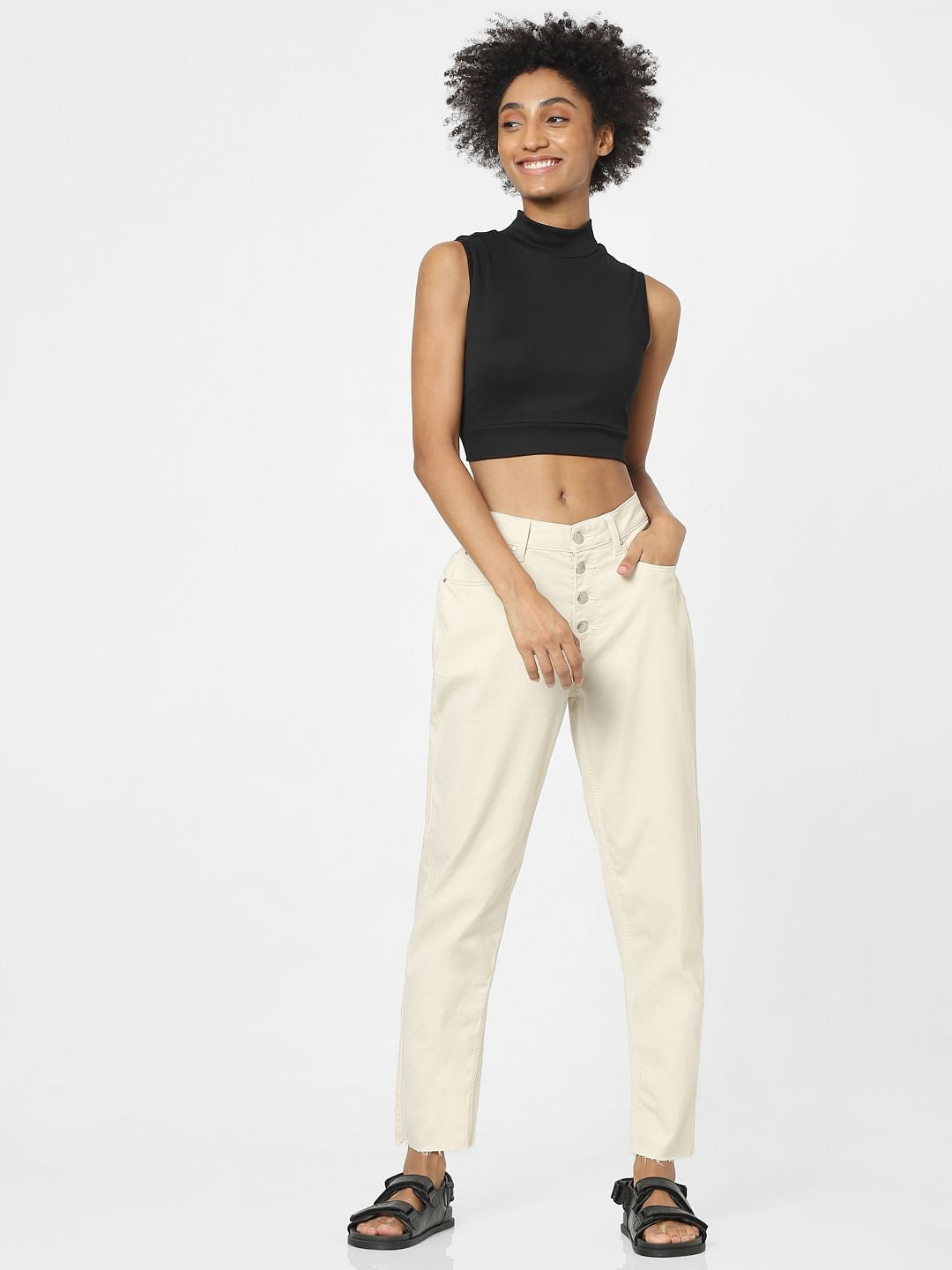 Beige Mid Rise Boyfriend Jeans