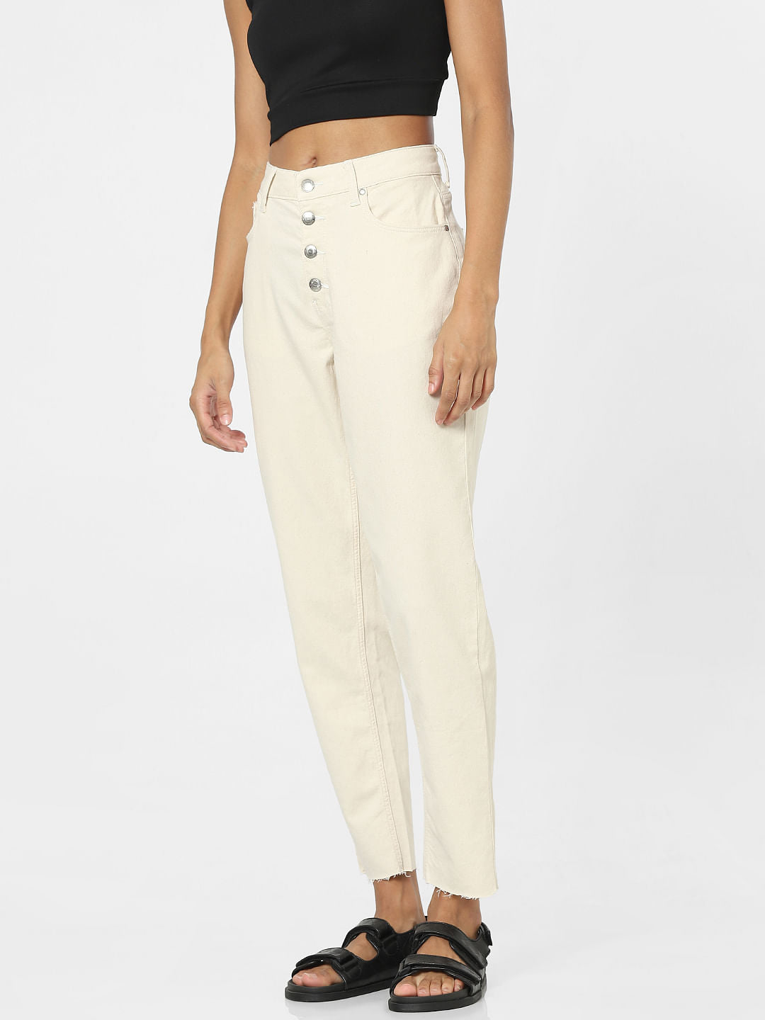 Beige Mid Rise Boyfriend Jeans