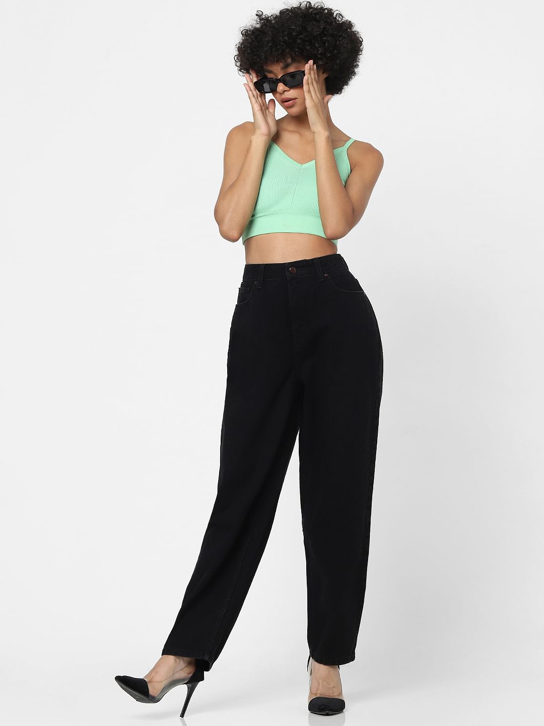 Black High Waist Raw Edge Mom Jeans