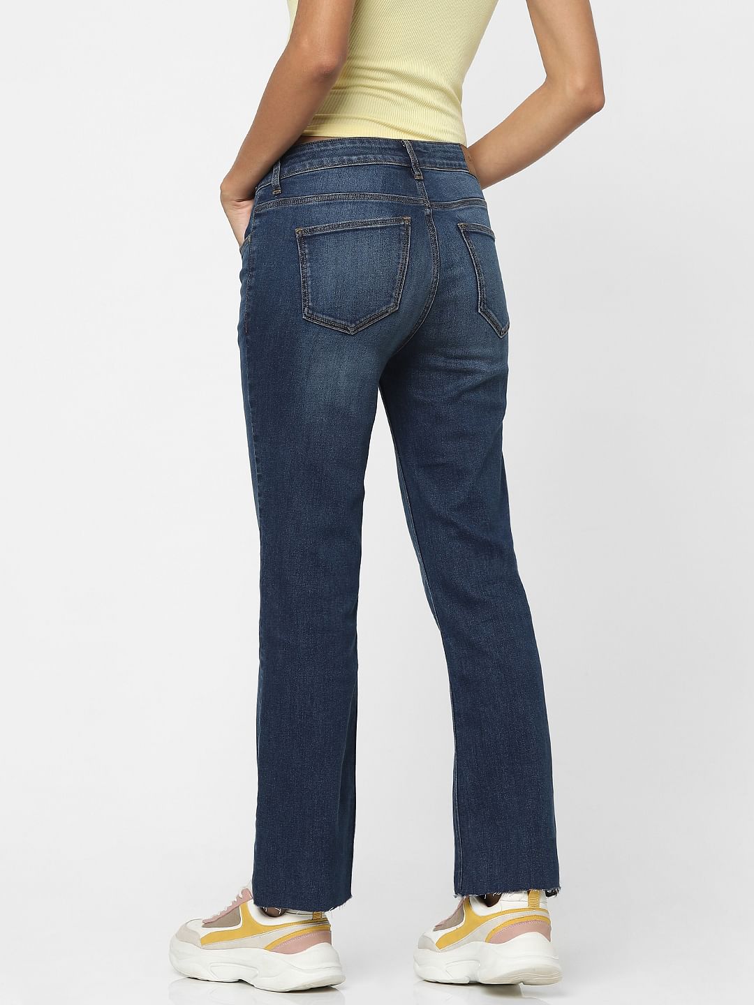 Dark Blue High Waist Raw Edge Flared Jeans