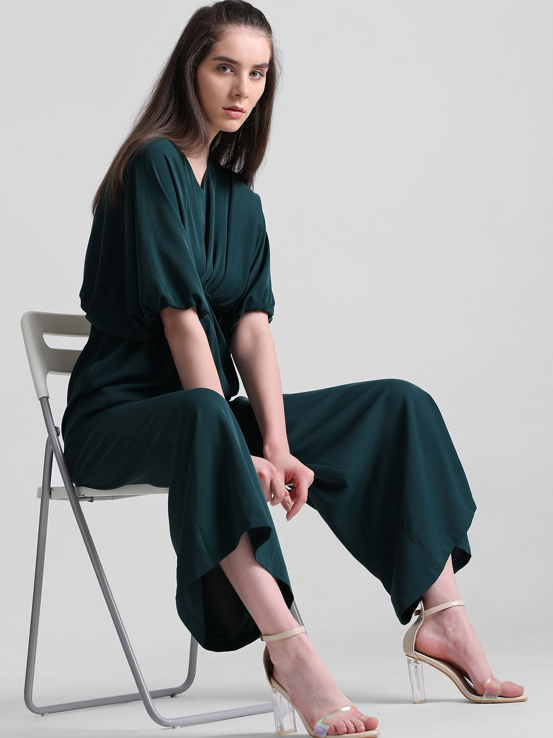 Green V-Neck Wide Leg Jumpsuit