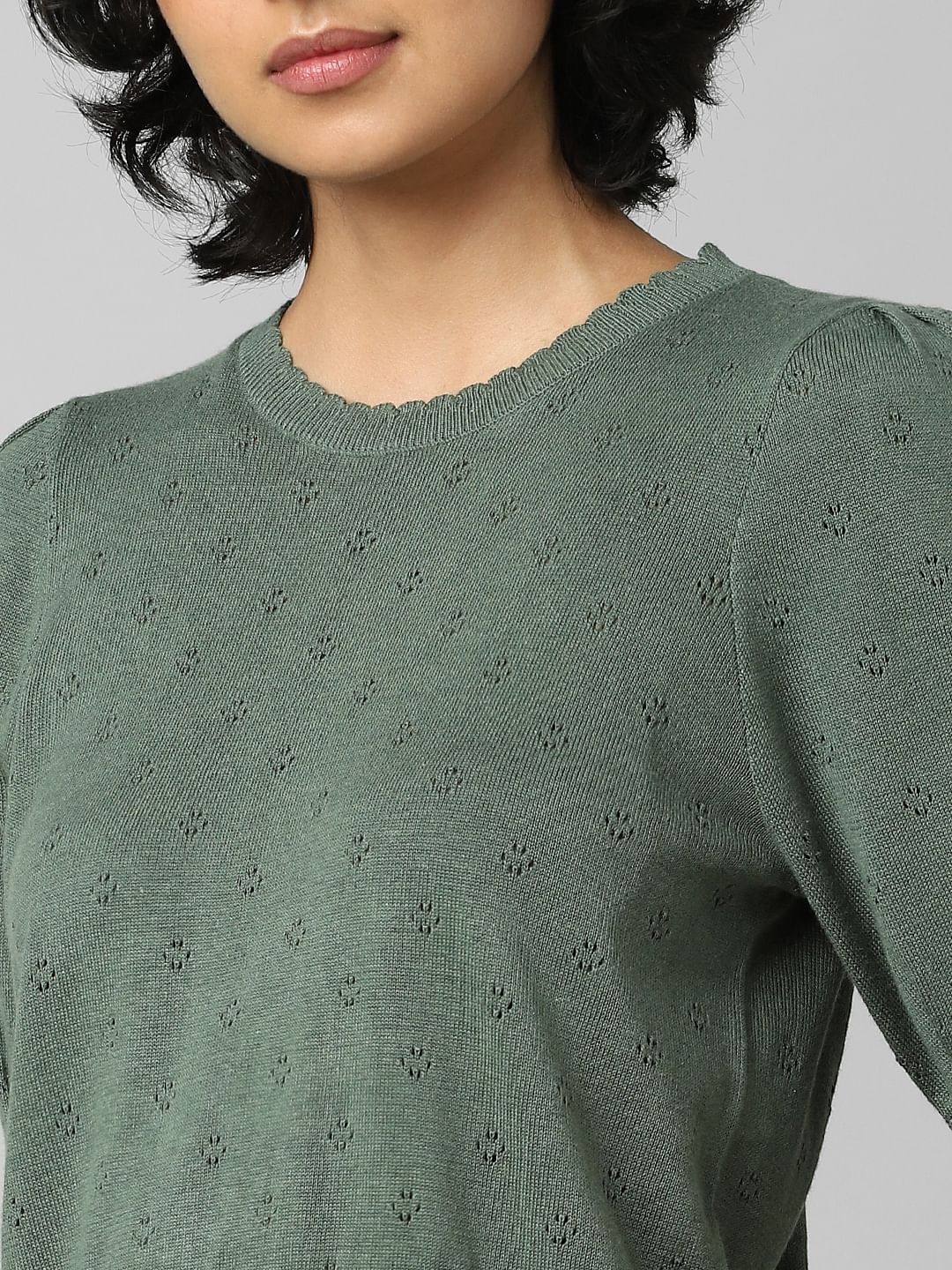 Dark Green Pointelle Knit Pullover