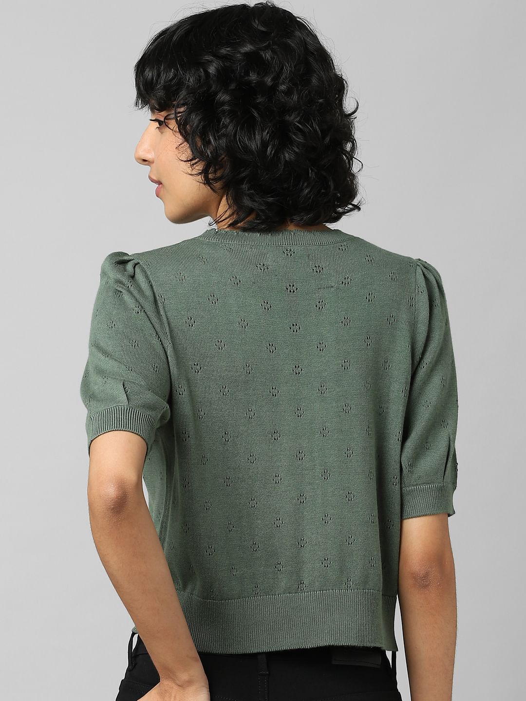 Dark Green Pointelle Knit Pullover