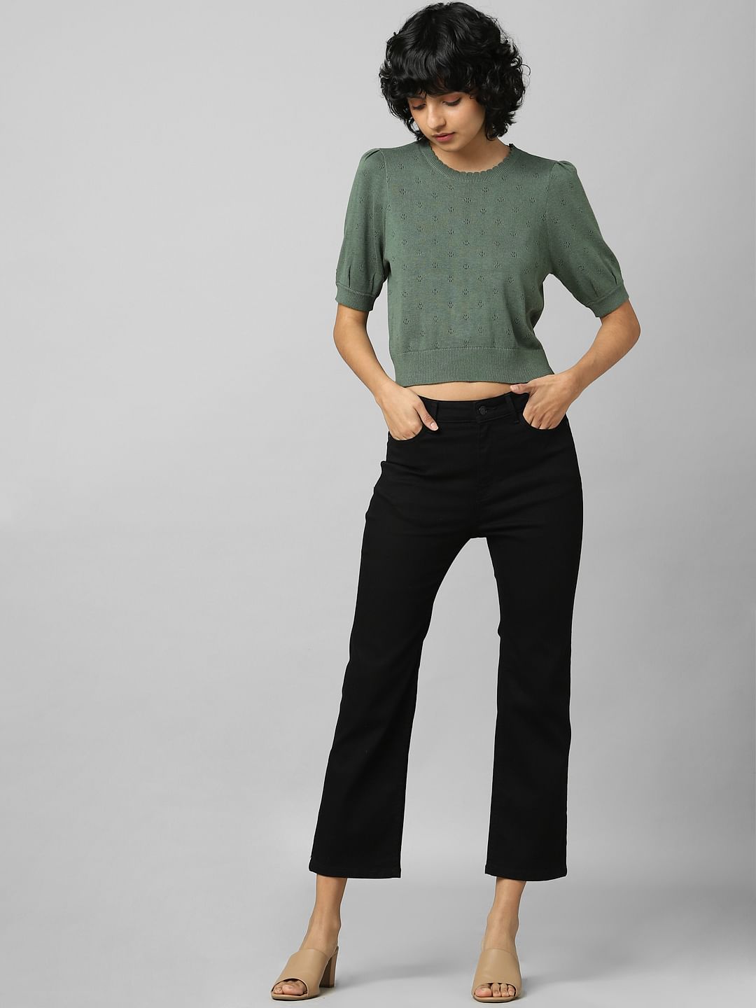 Dark Green Pointelle Knit Pullover