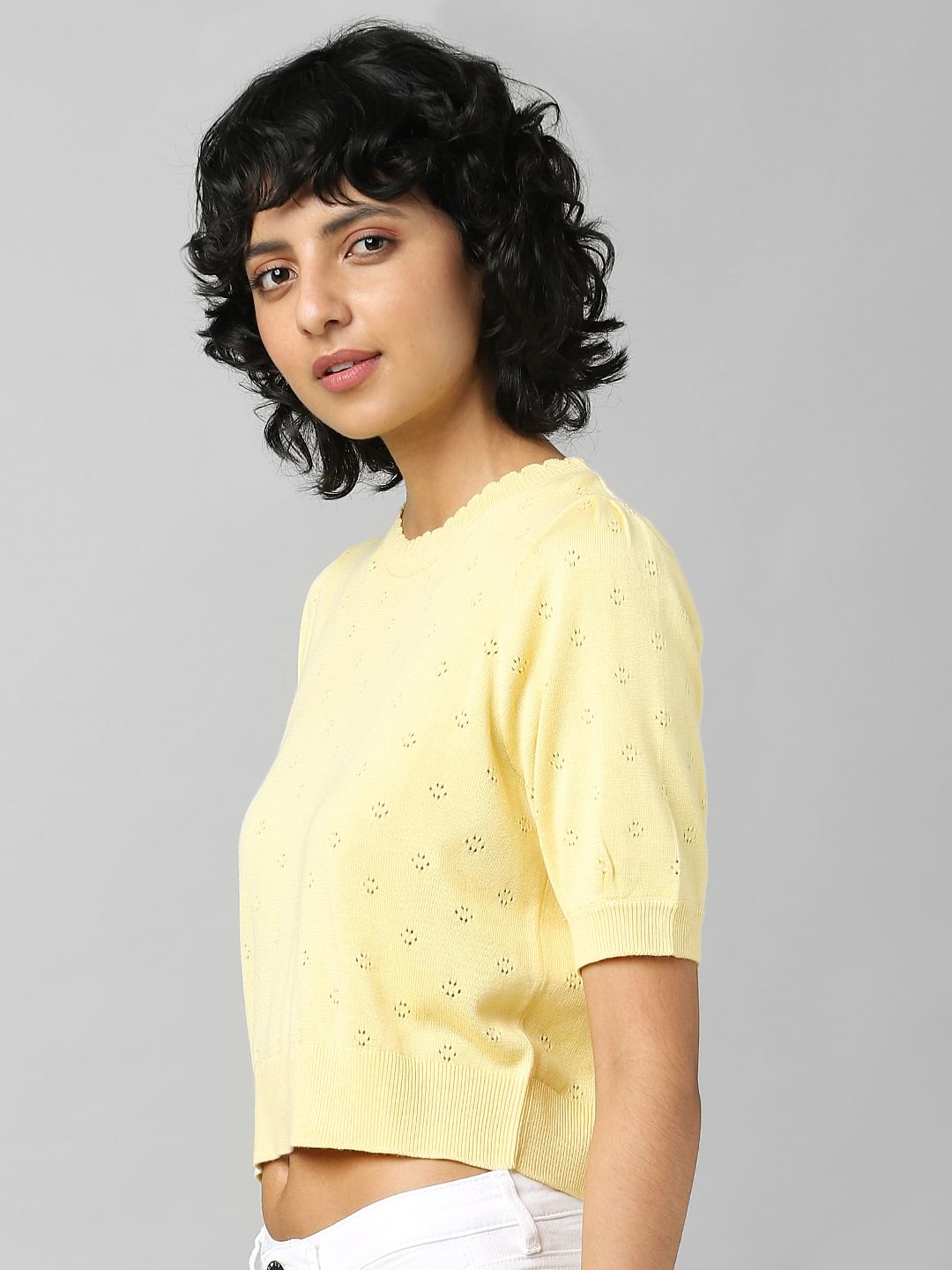 Yellow Pointelle Knit Pullover