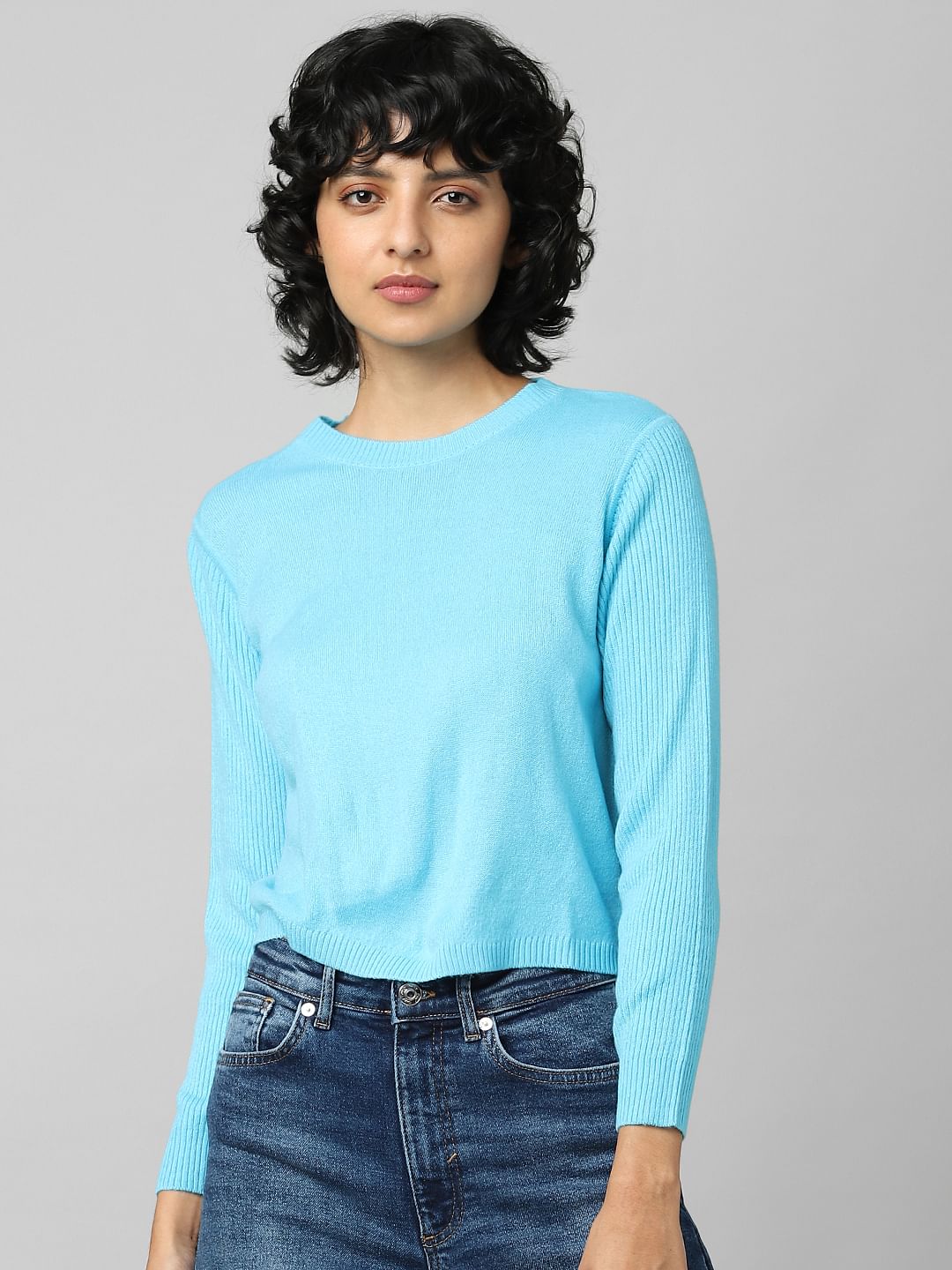Blue Ribbed Sleeves Pullover