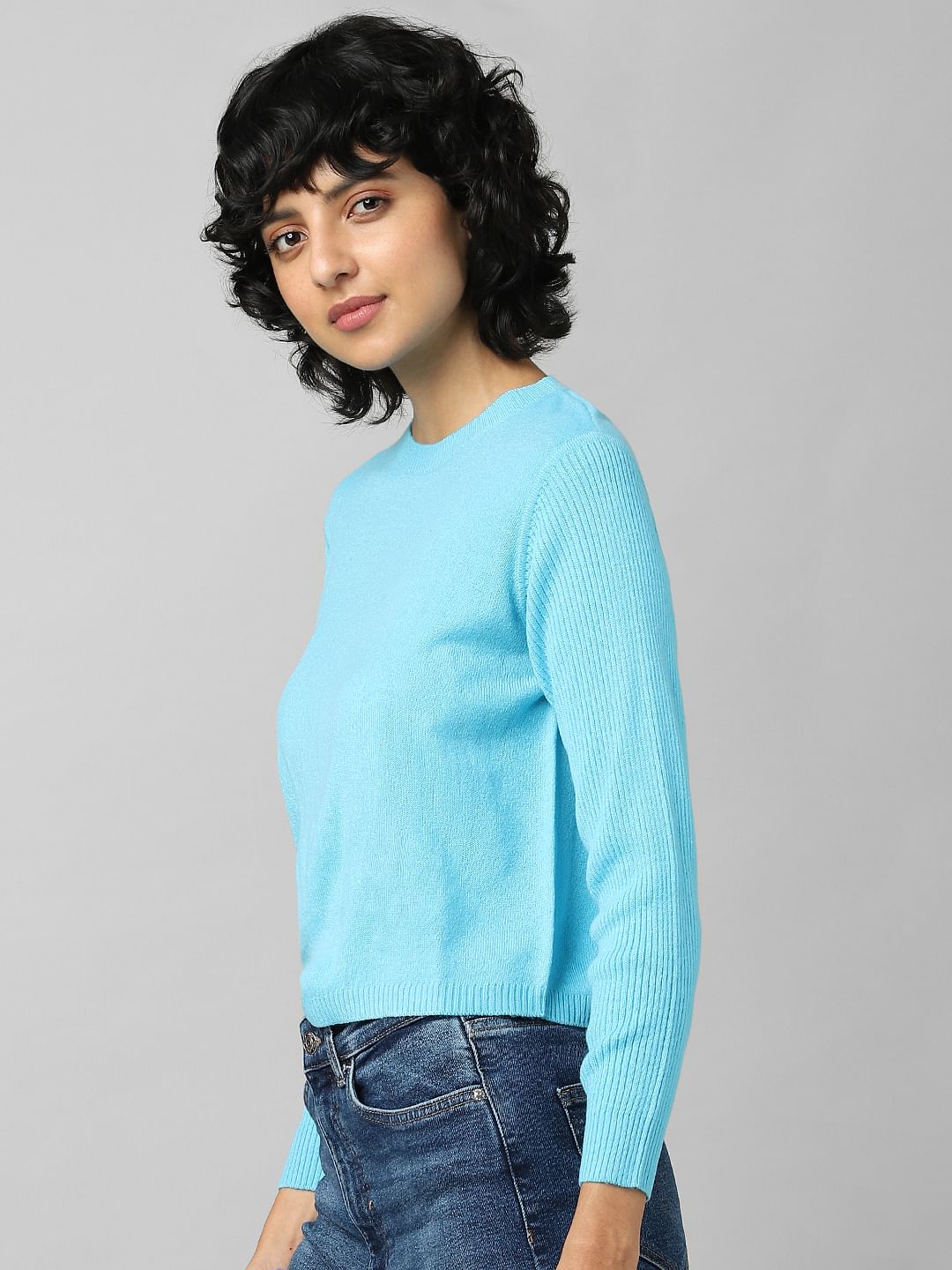Blue Ribbed Sleeves Pullover