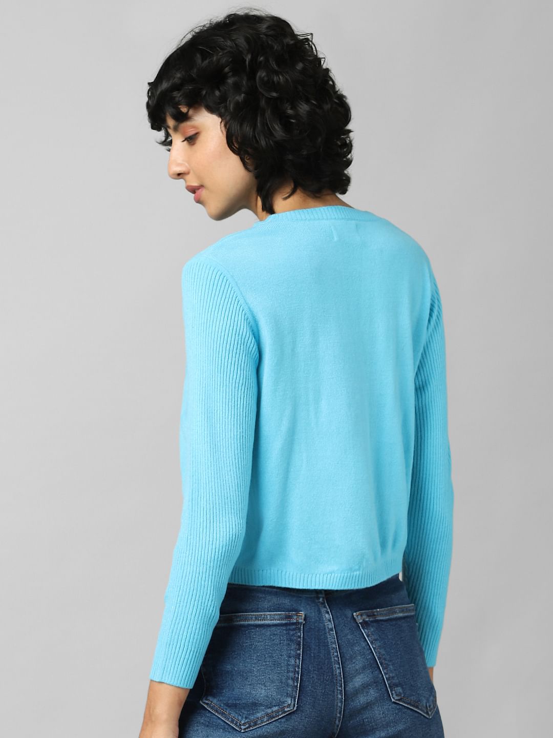 Blue Ribbed Sleeves Pullover
