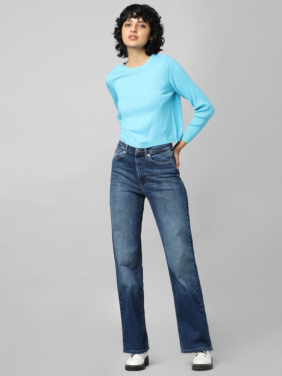 Blue Ribbed Sleeves Pullover
