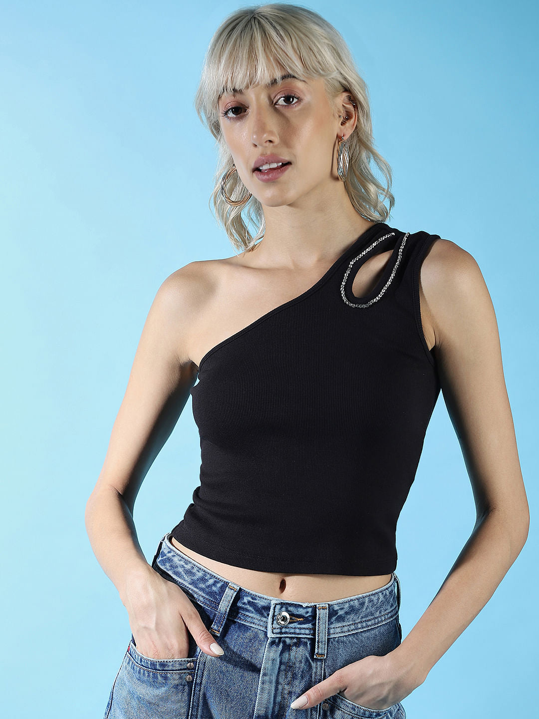 Black Embellished One-Shoulder Top