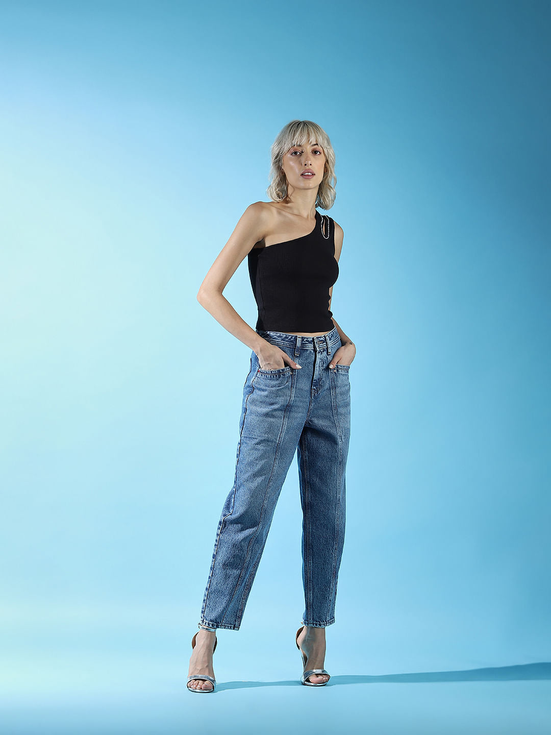 Black Embellished One-Shoulder Top