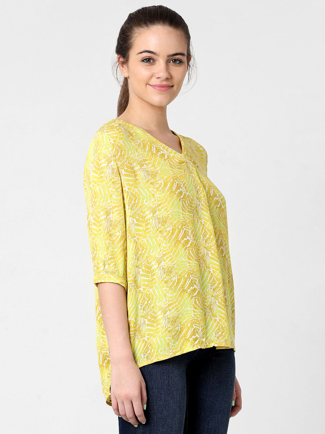 Yellow Leaf Print Top