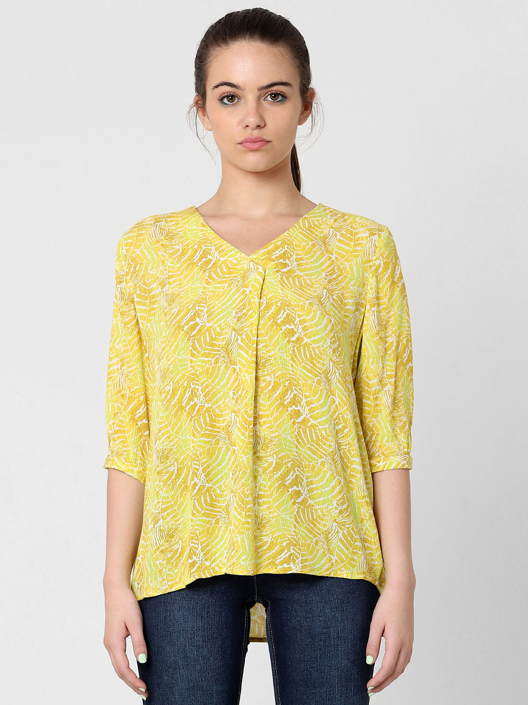 Yellow Leaf Print Top