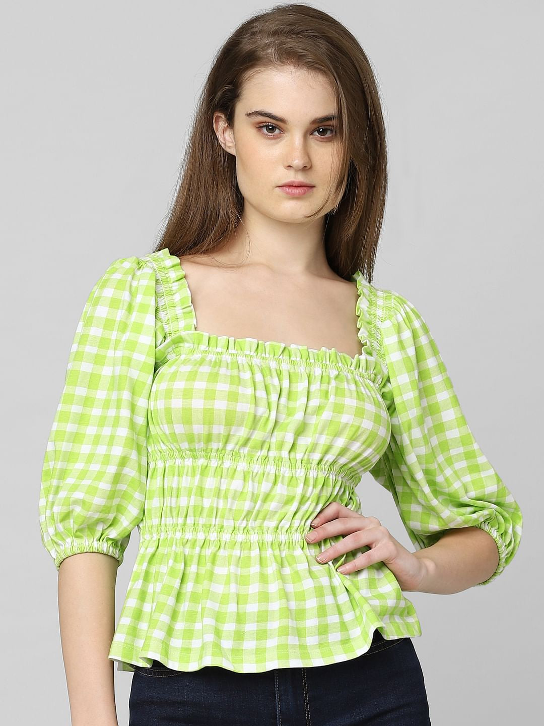 Green Check Print Smock Top