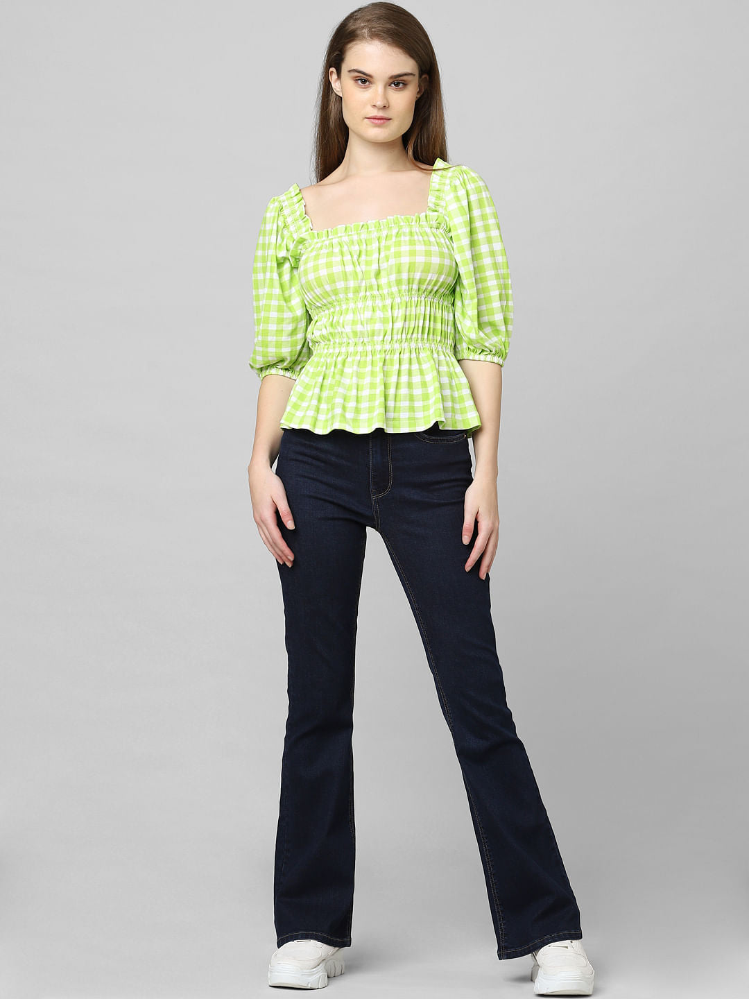 Green Check Print Smock Top