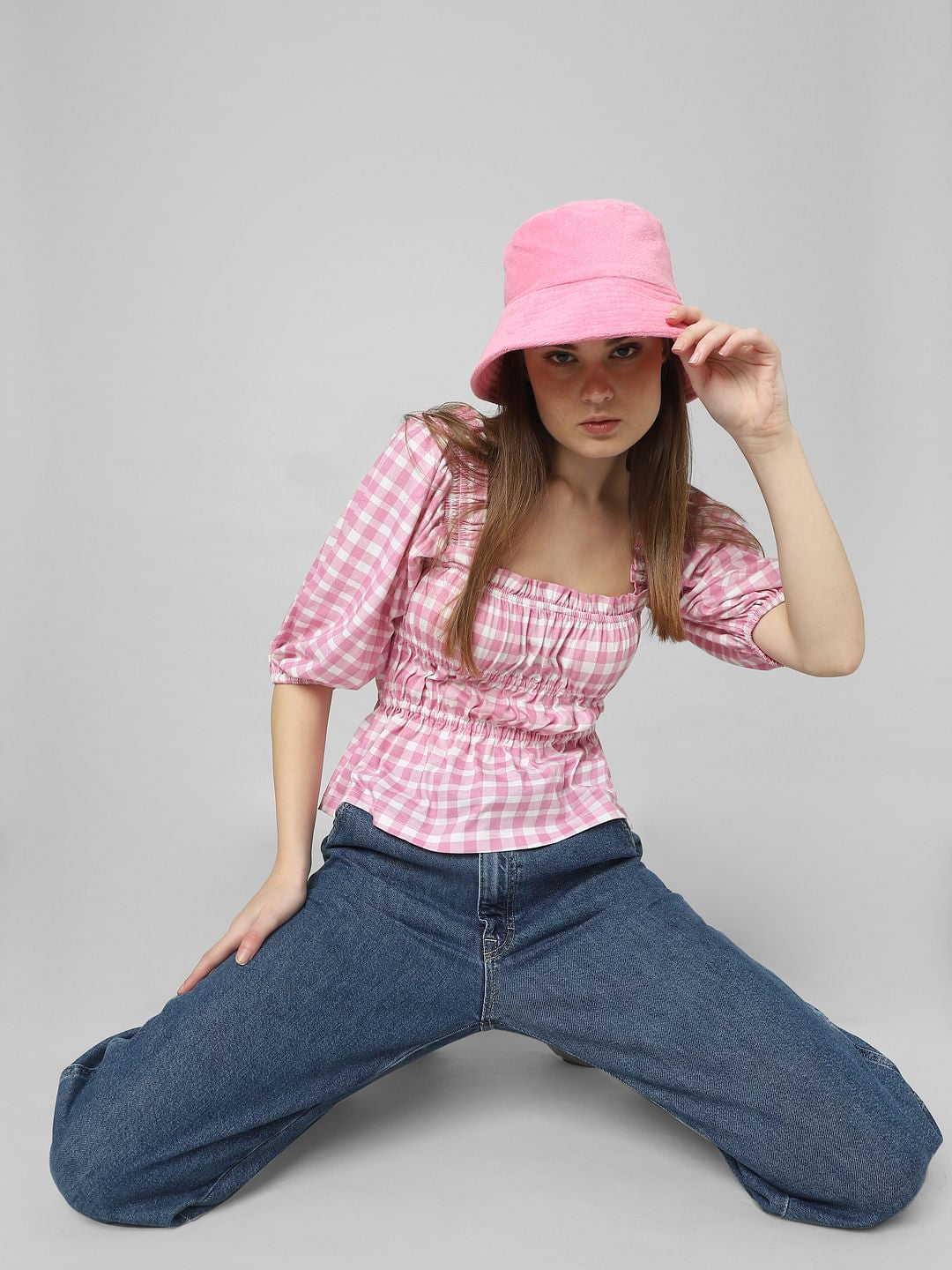 Purple Check Print Smock Top