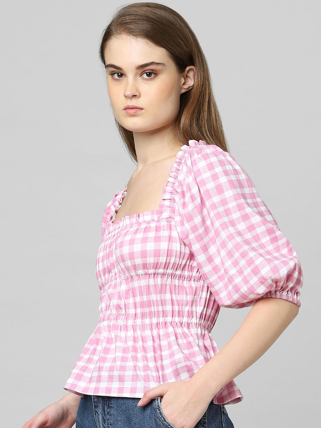 Purple Check Print Smock Top