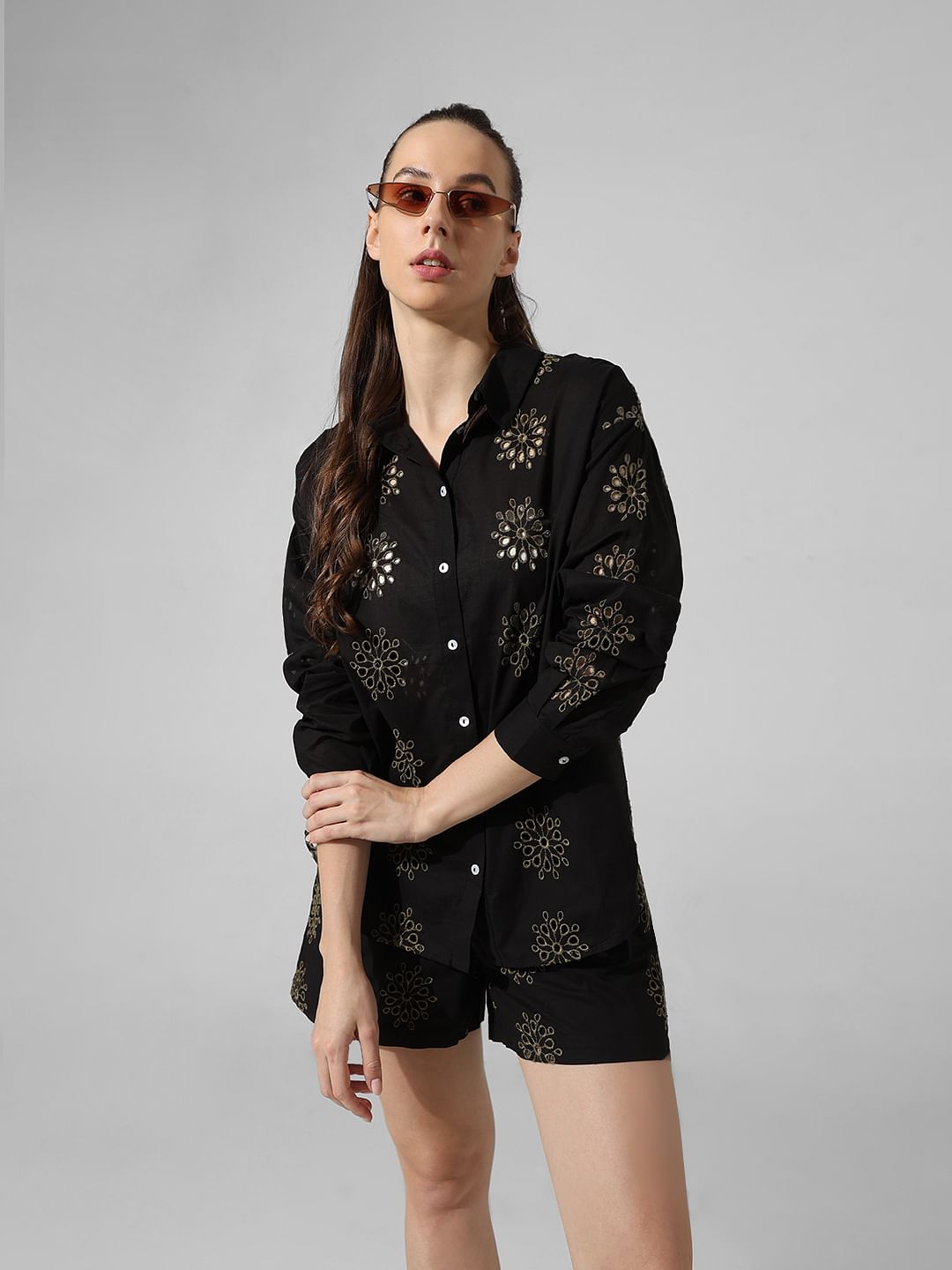 Black Schiffli Co-Ord Set Shirt