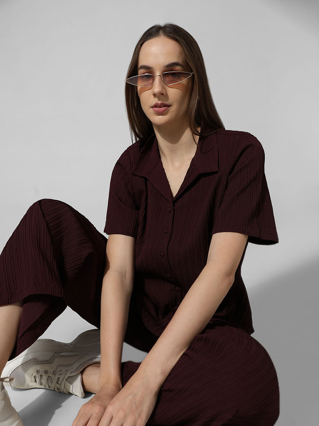 Burgundy Textured Co-Ord Set Shirt