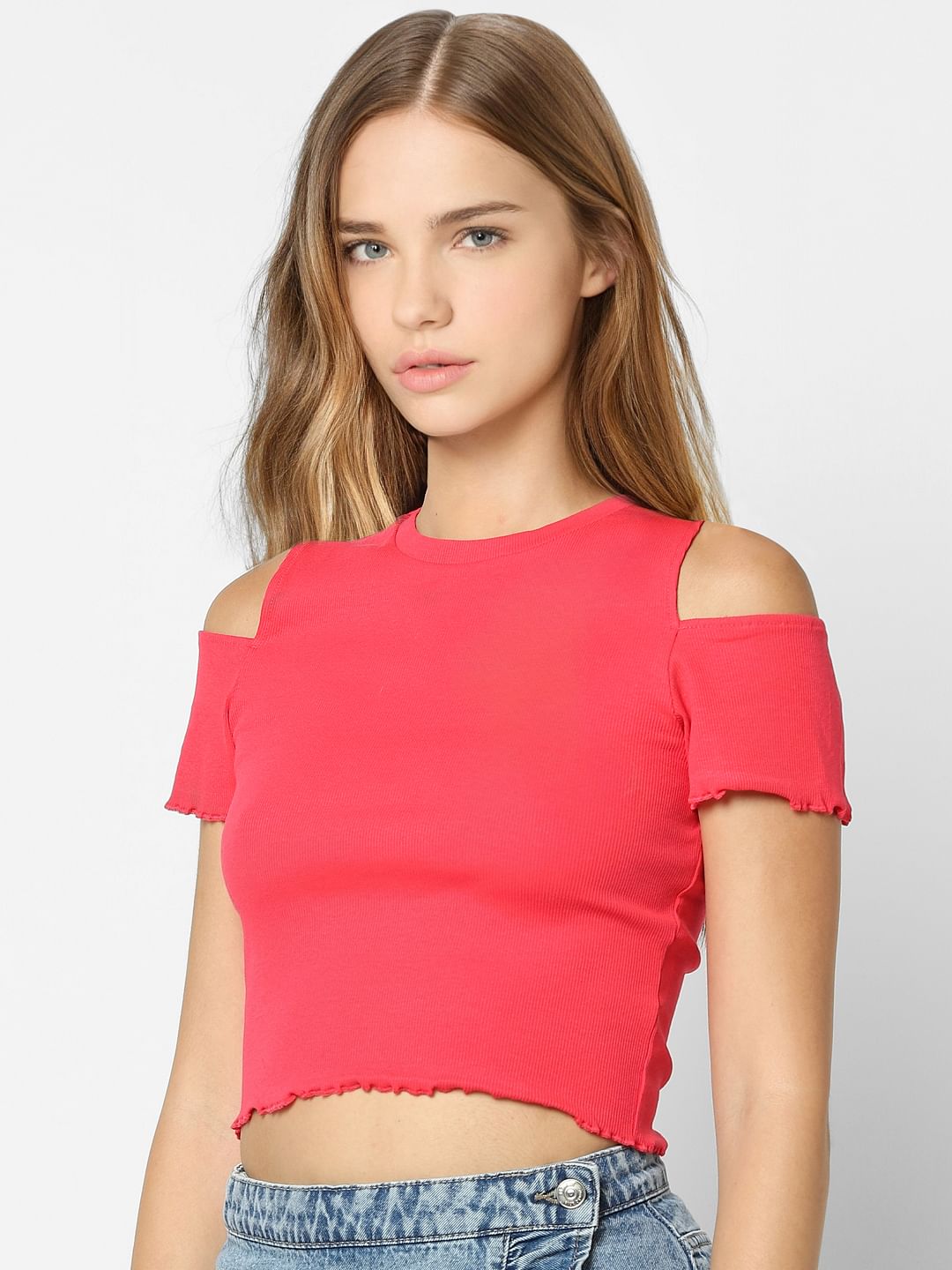Pink Cold Shoulder Crop Top
