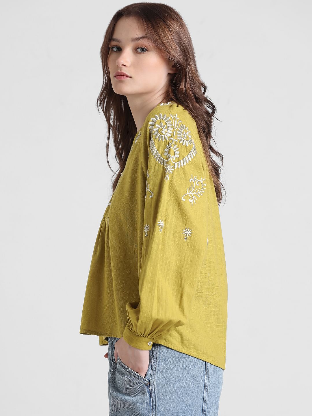 Green Embroidered Woven Top
