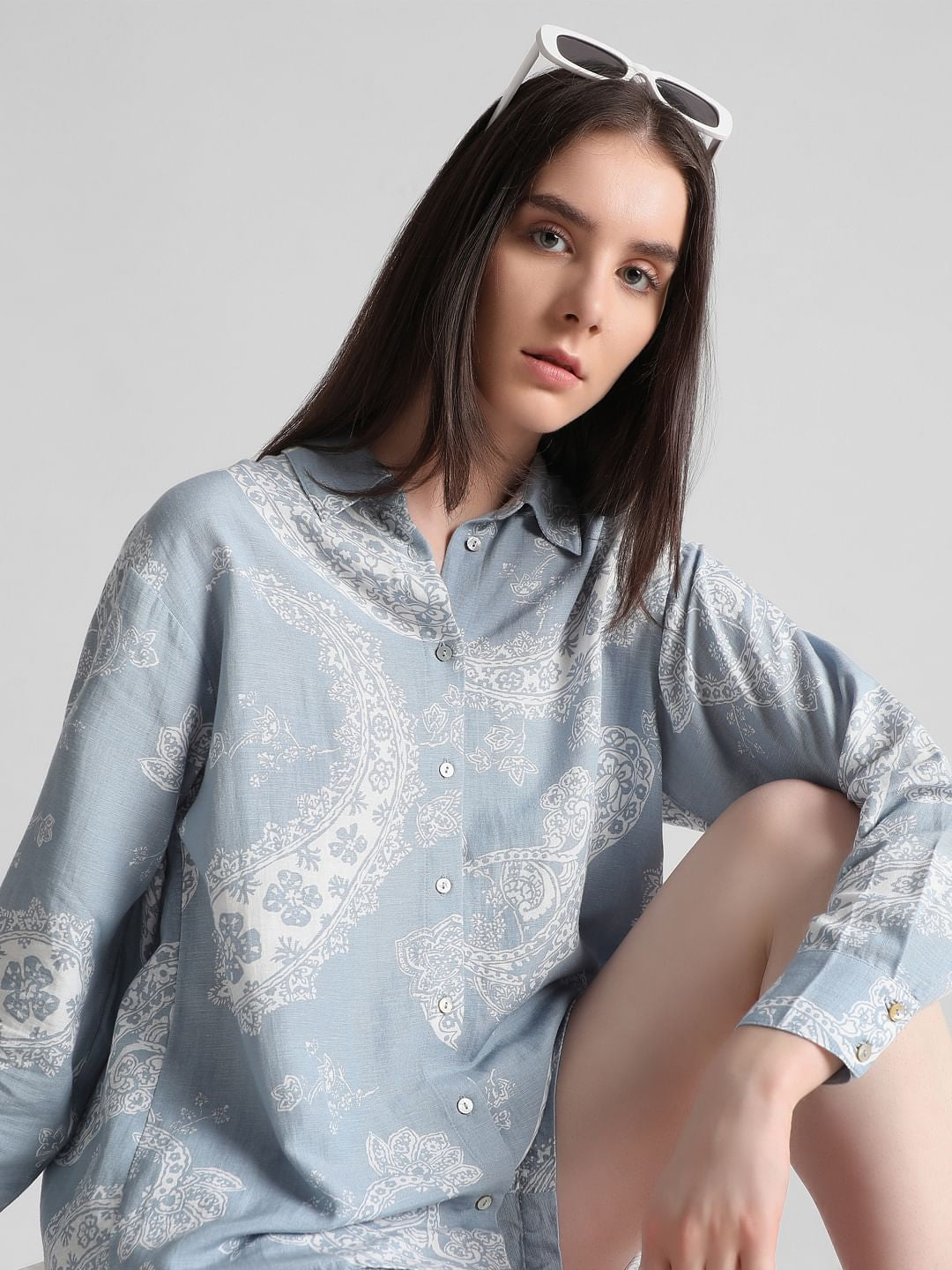Blue Paisley Print Oversized Shirt