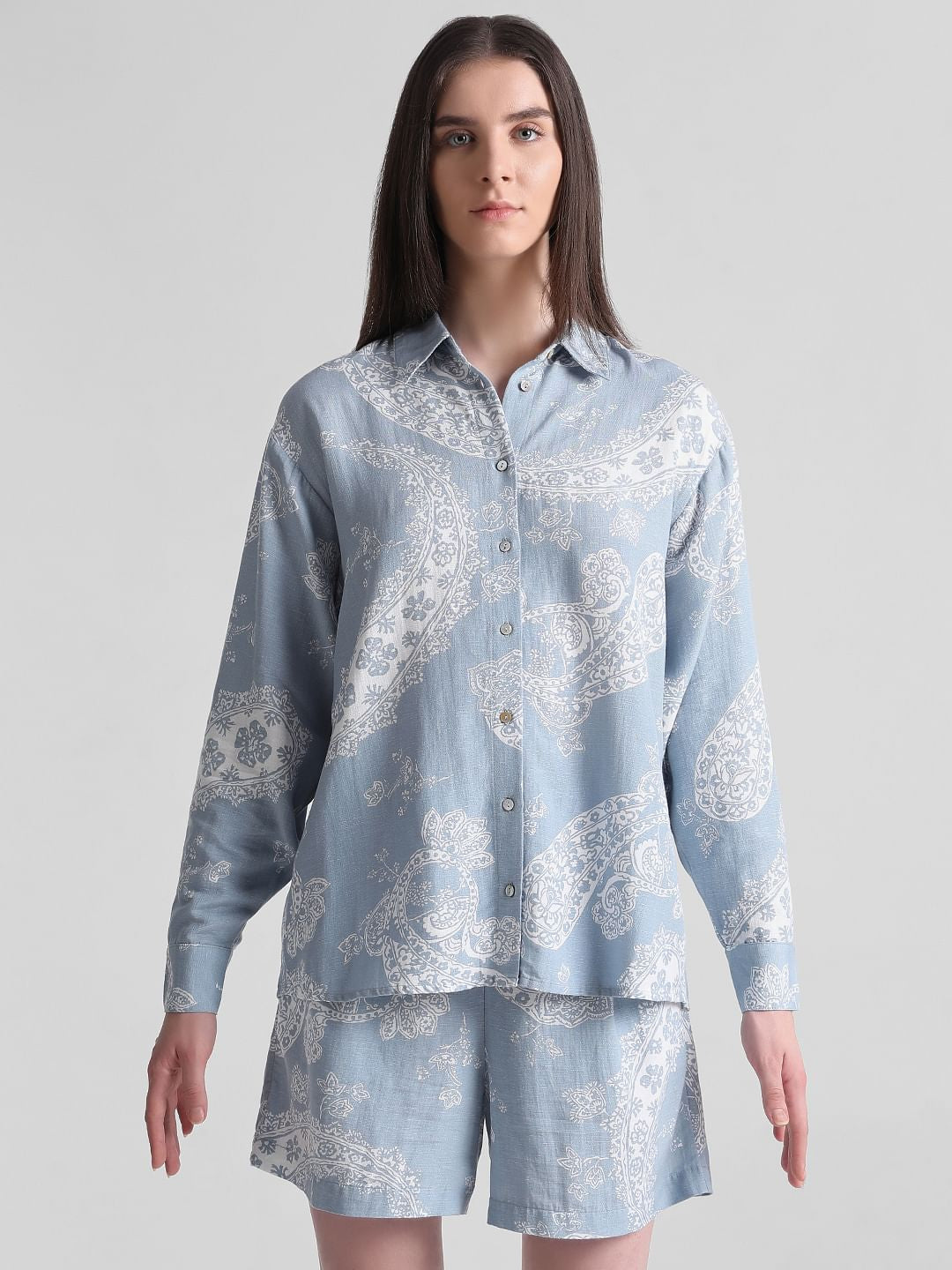 Blue Paisley Print Oversized Shirt