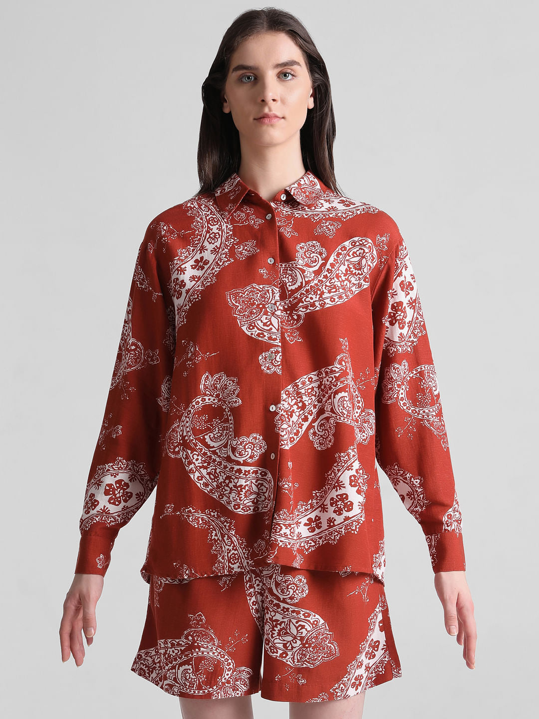 Brown Paisley Print Oversized Shirt