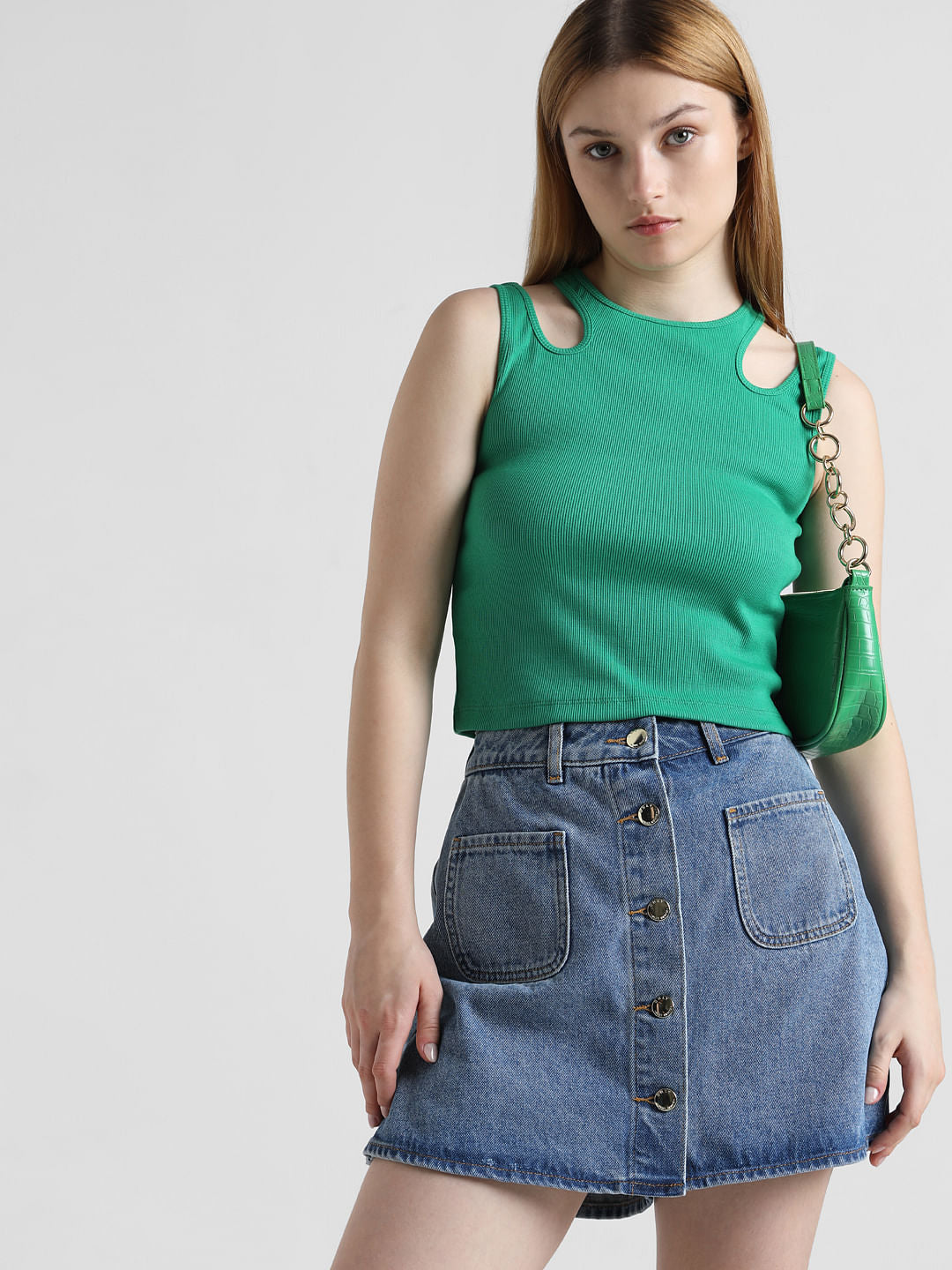 Blue High Rise Faded Denim Skorts