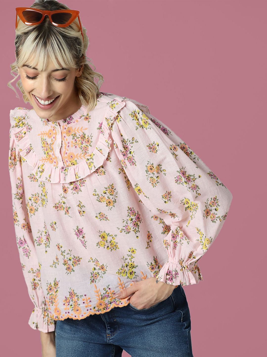 Pink Floral Frill Trimmed Top