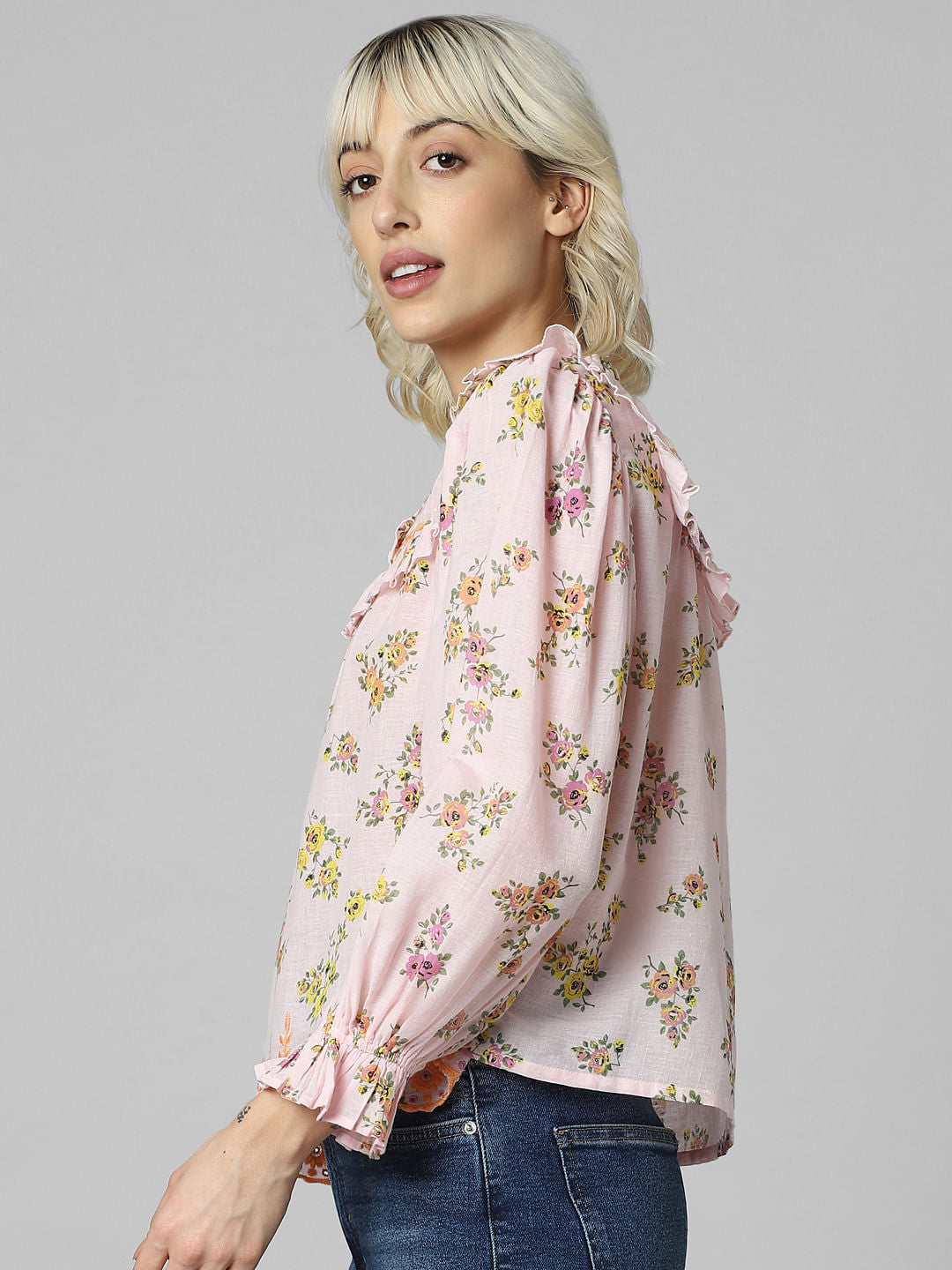 Pink Floral Frill Trimmed Top