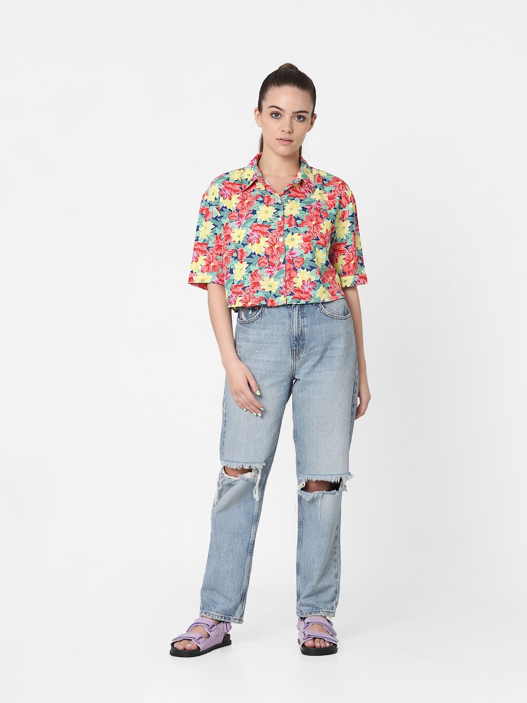 Only X Flabjacks Multi-Coloured Floral Cropped Shirt