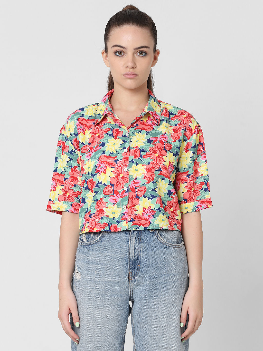 Only X Flabjacks Multi-Coloured Floral Cropped Shirt