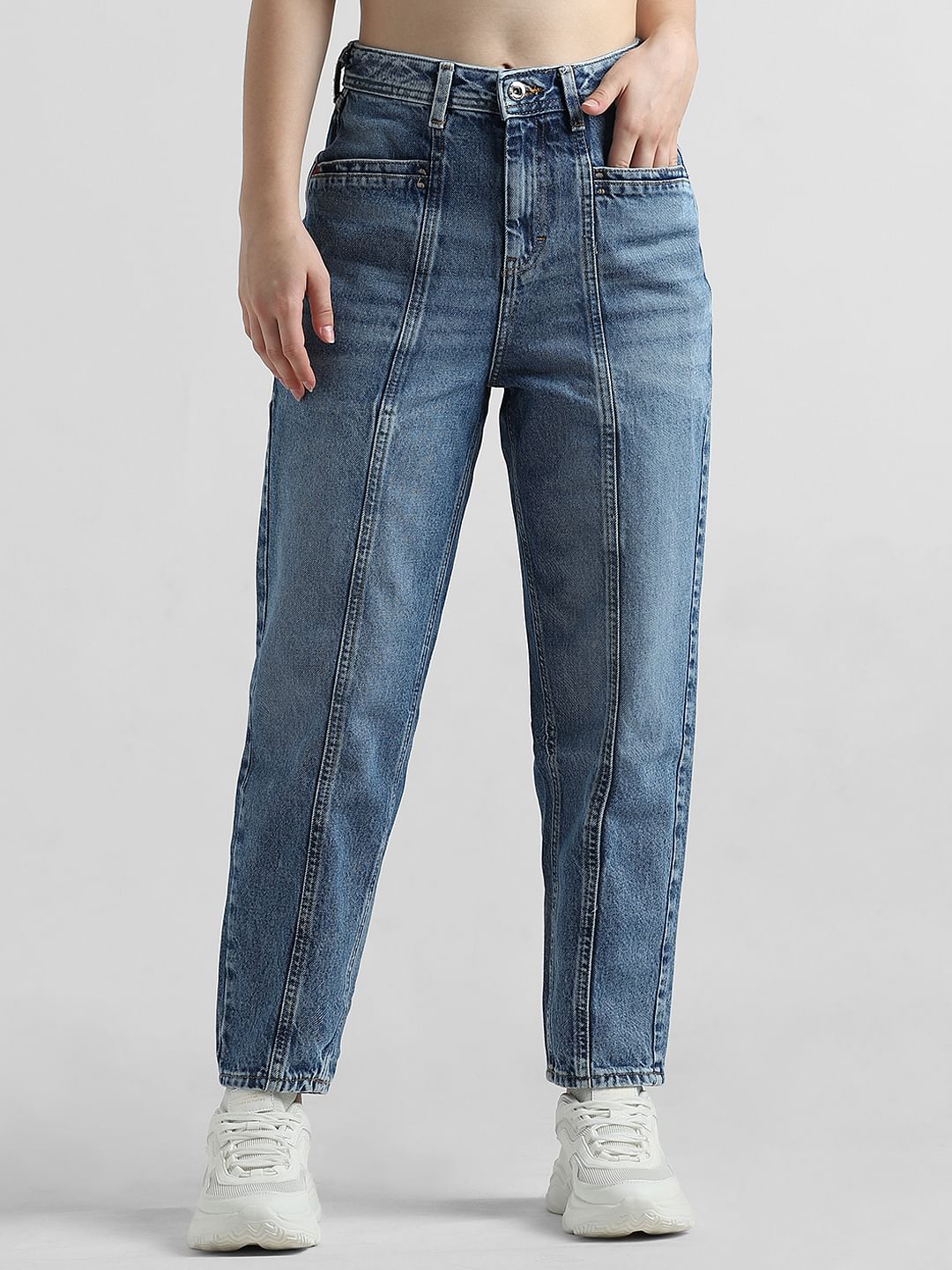 Blue High Rise Pintuck Baggy Fit Jeans