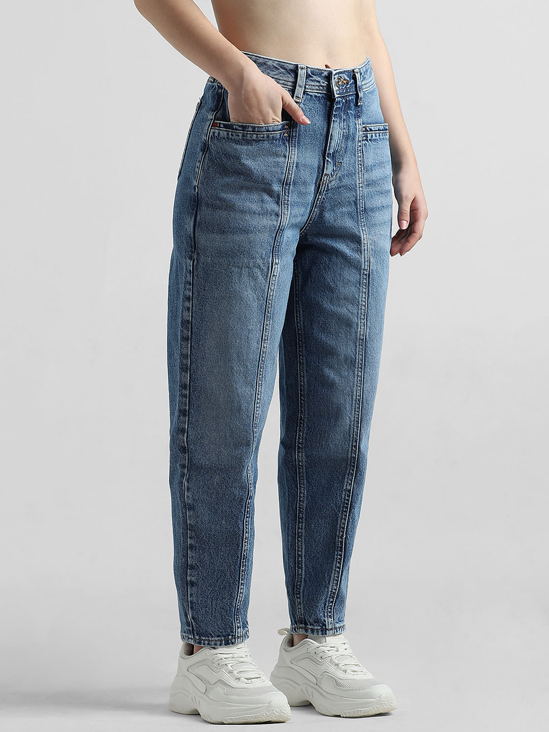 Blue High Rise Pintuck Baggy Fit Jeans