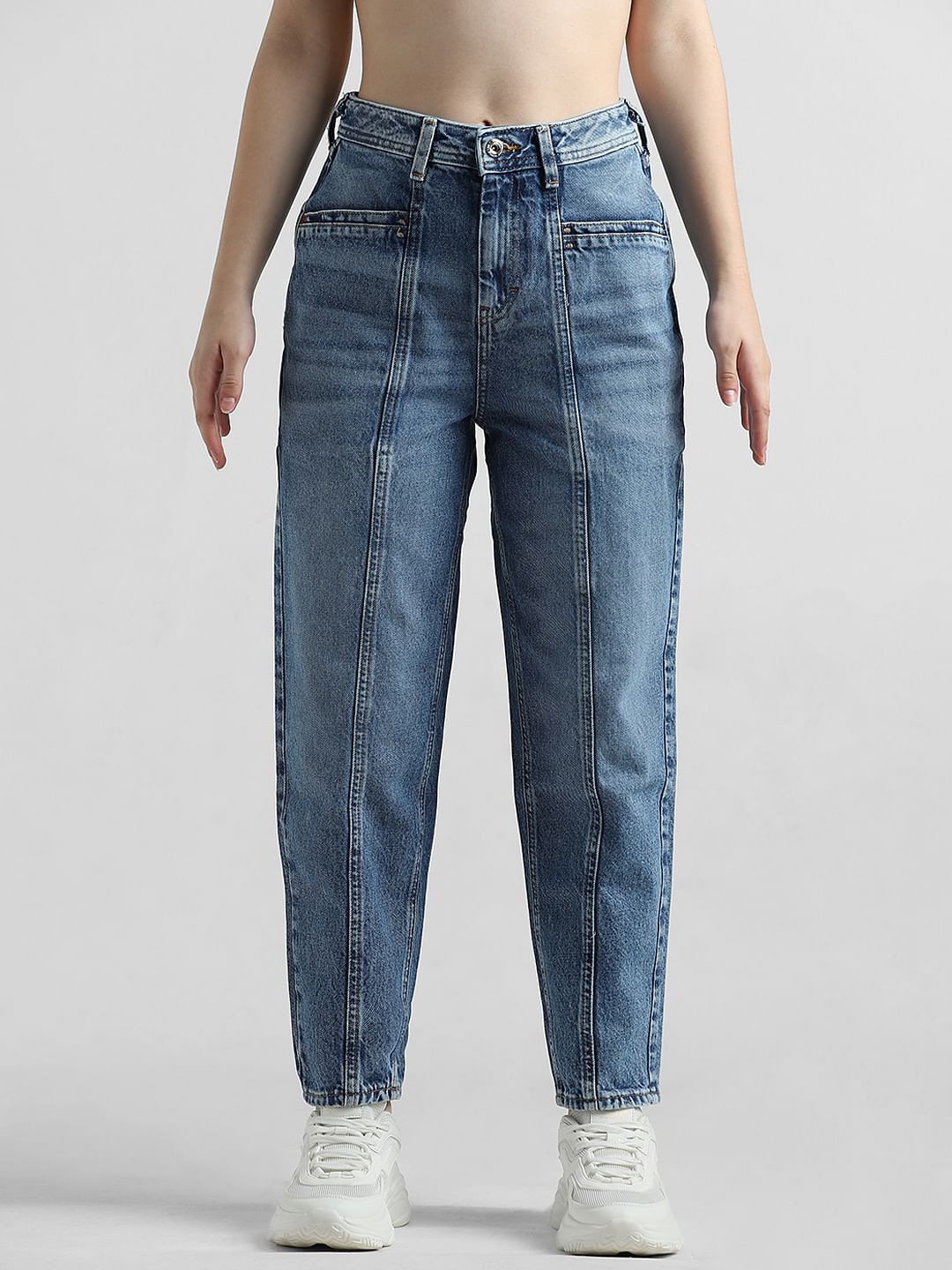 Blue High Rise Pintuck Baggy Fit Jeans