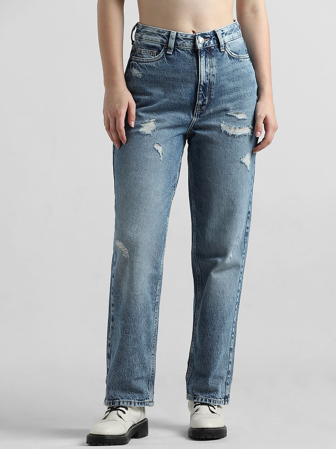 Blue High Rise Distressed Straight Fit Jeans