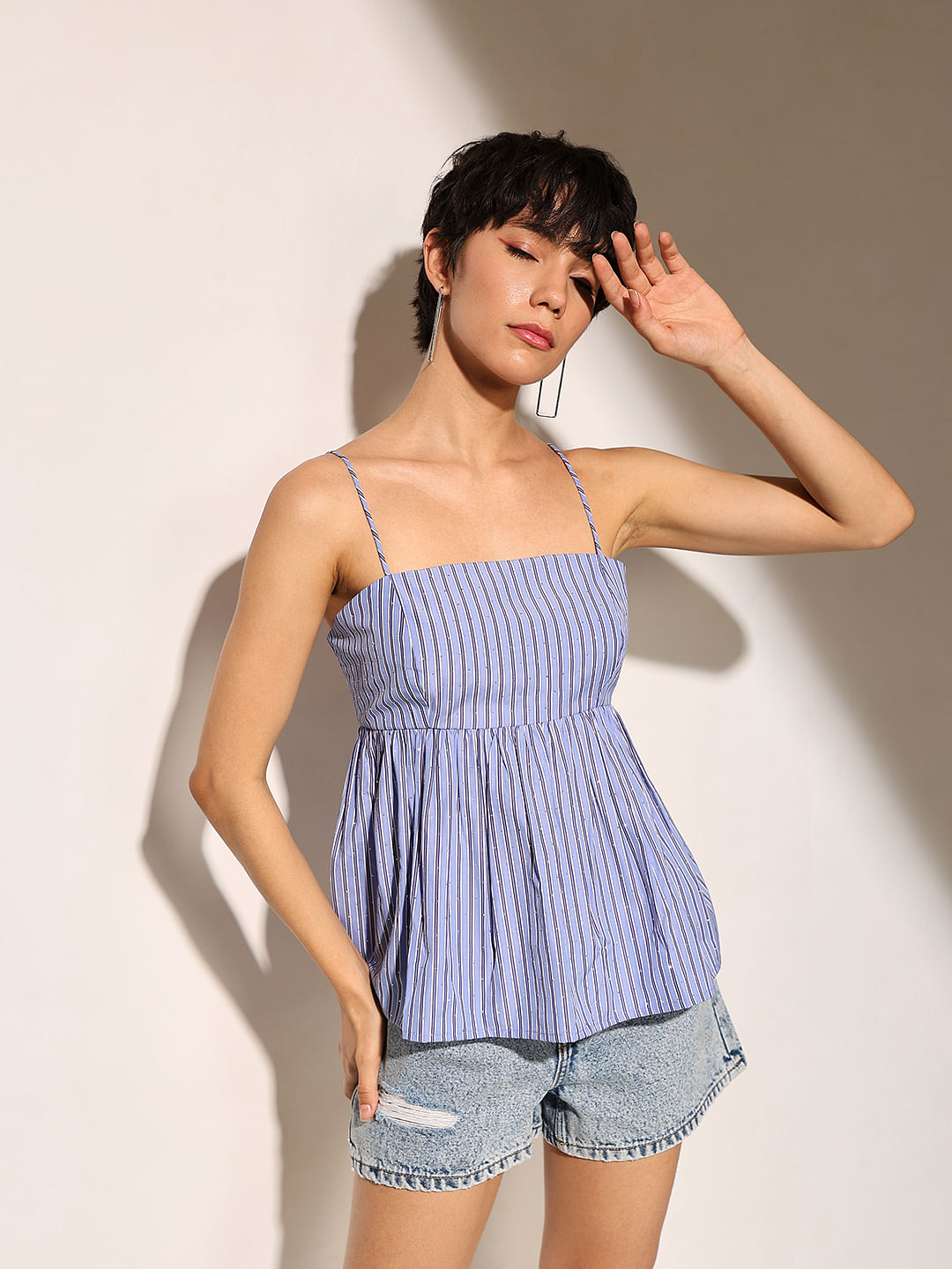 Blue Striped Rhinestone Detail Top