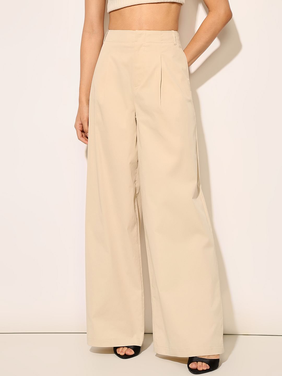 Beige High Rise Wide Leg Pants