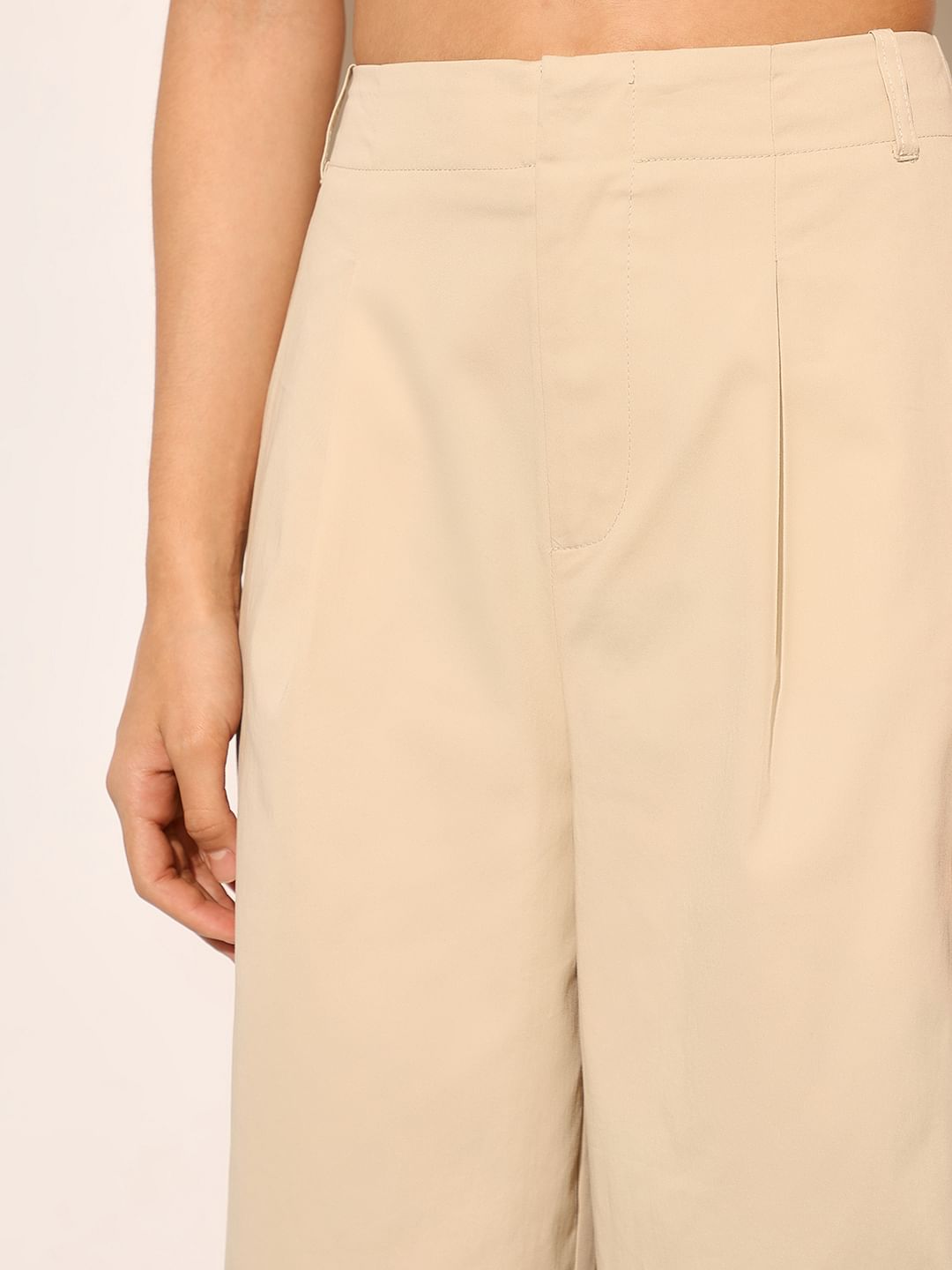 Beige High Rise Wide Leg Pants