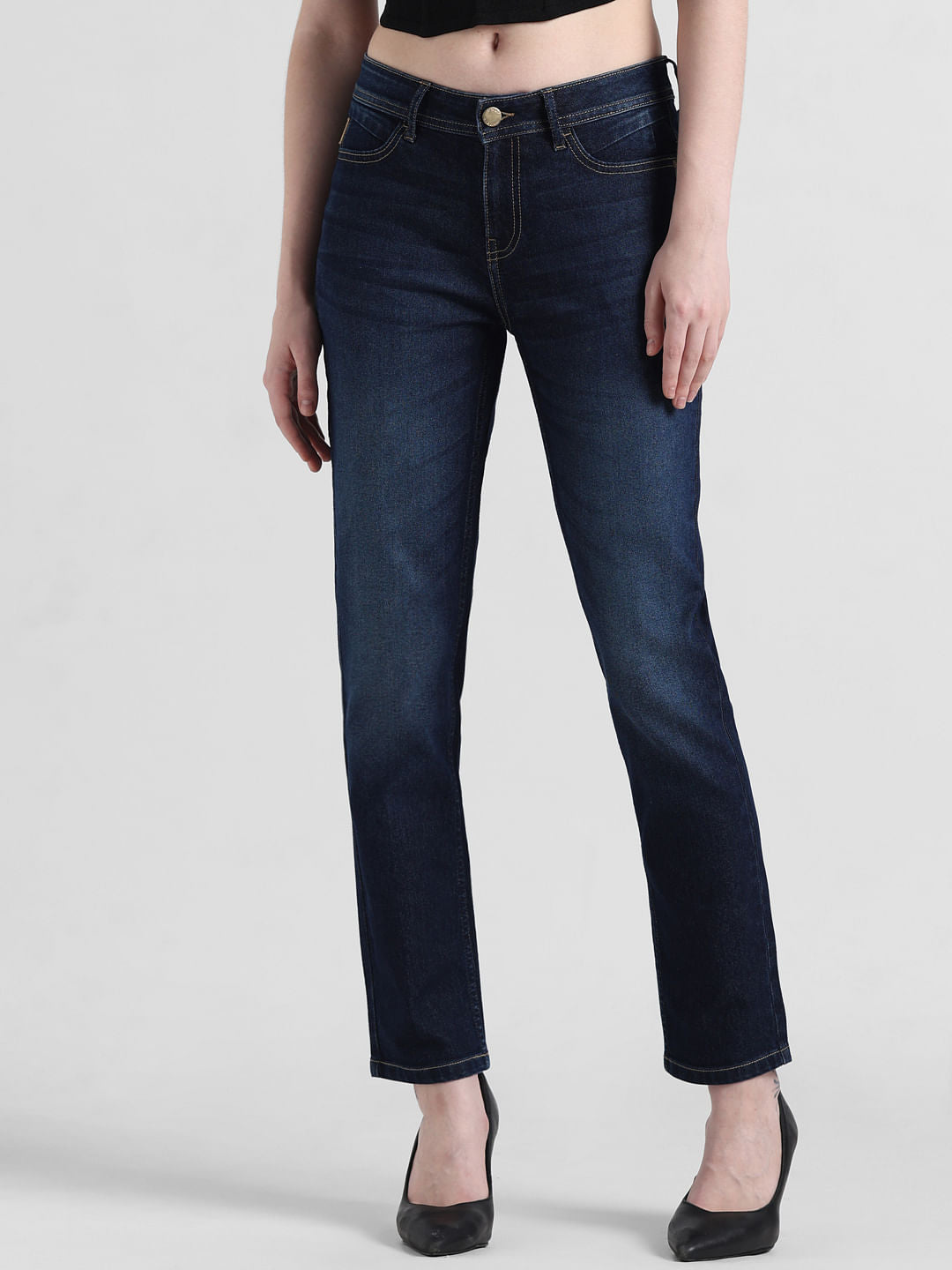 Dark Blue Mid Rise Washed Skinny Fit Jeans