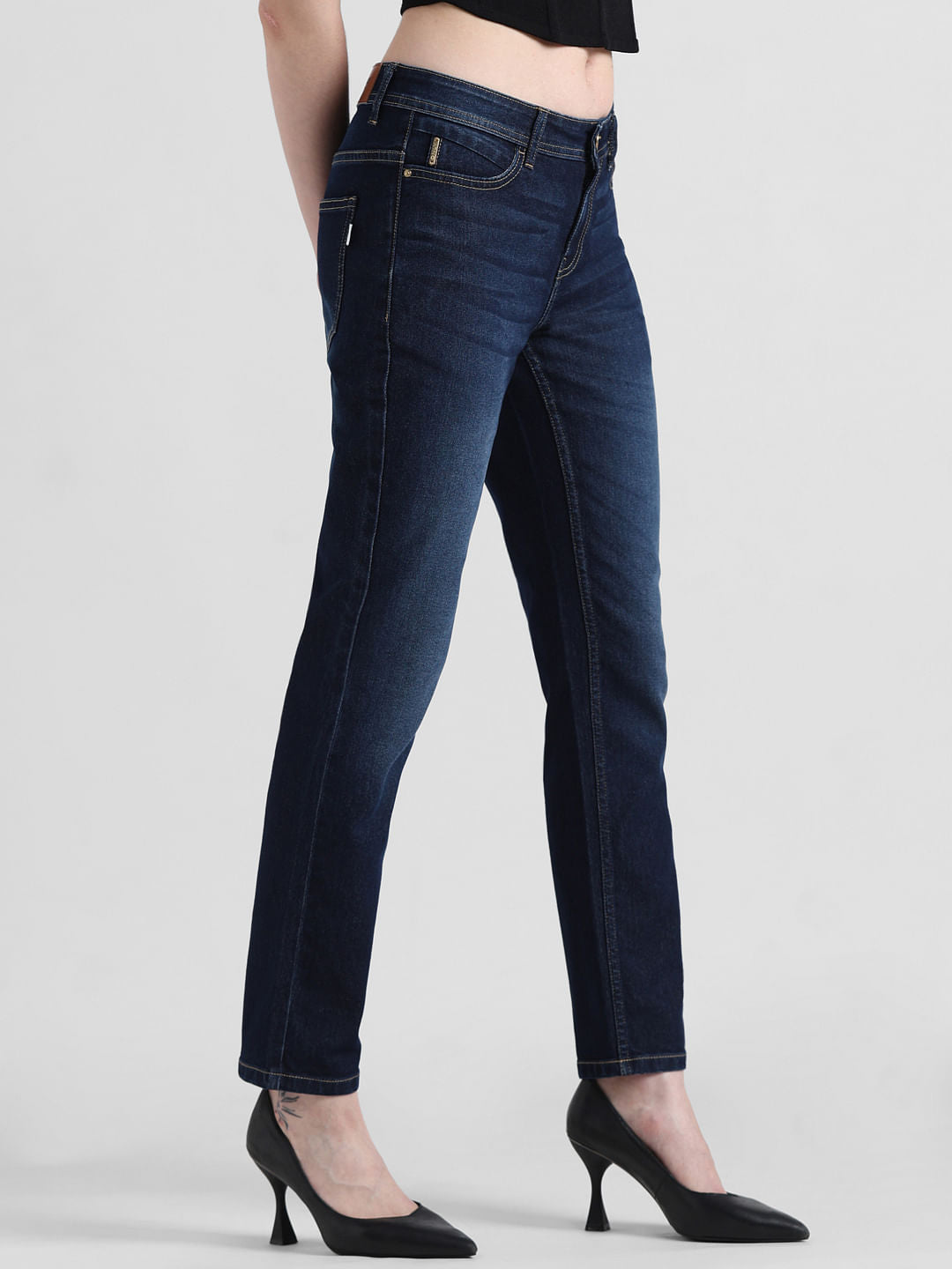Dark Blue Mid Rise Washed Skinny Fit Jeans