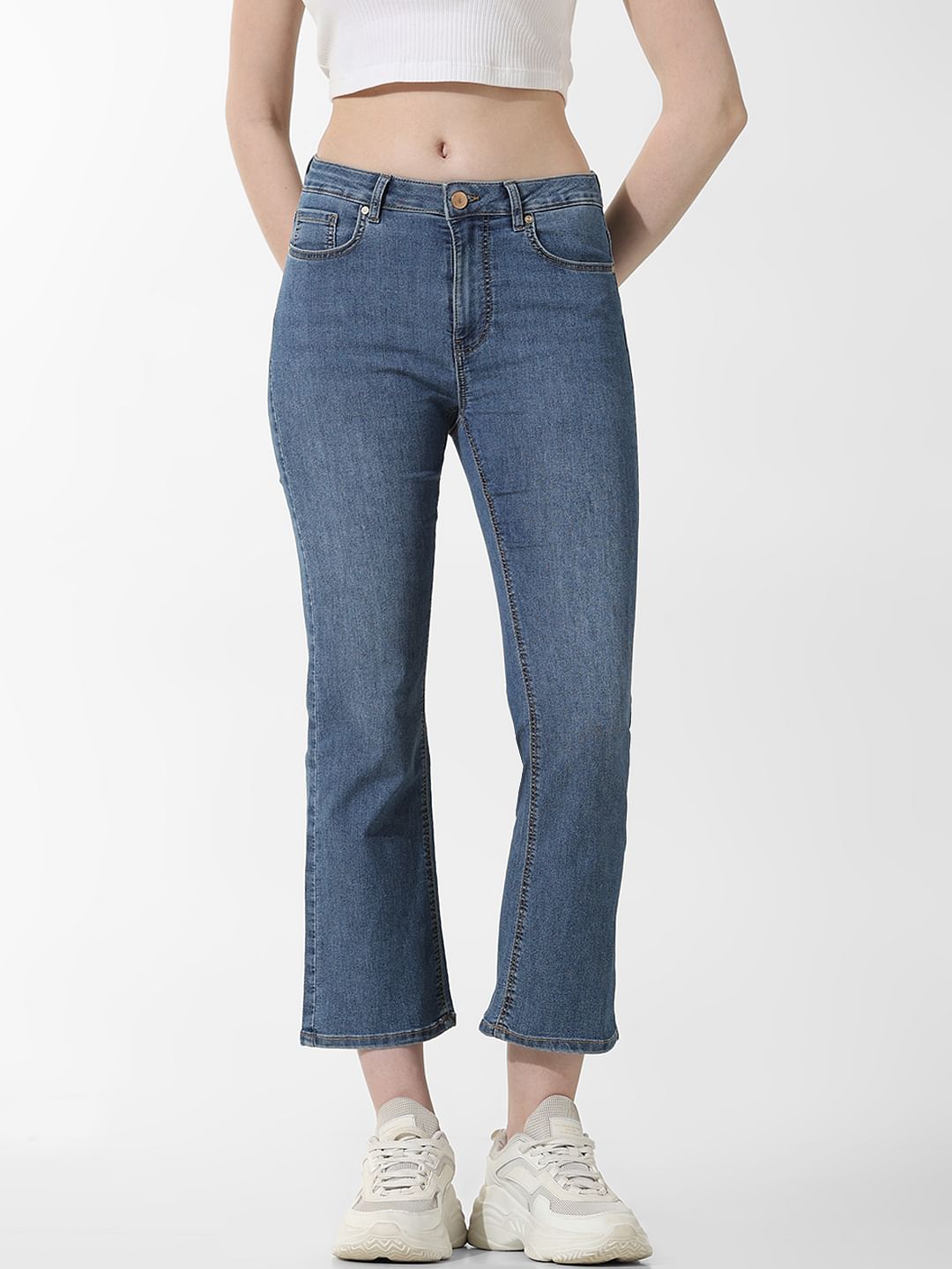 Blue High Rise Cropped Flared Jeans