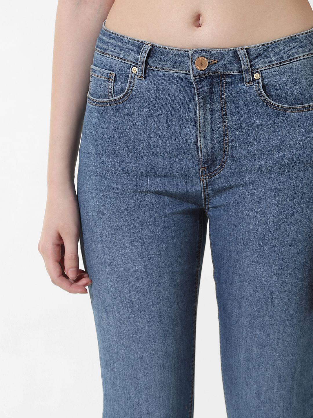 Blue High Rise Cropped Flared Jeans