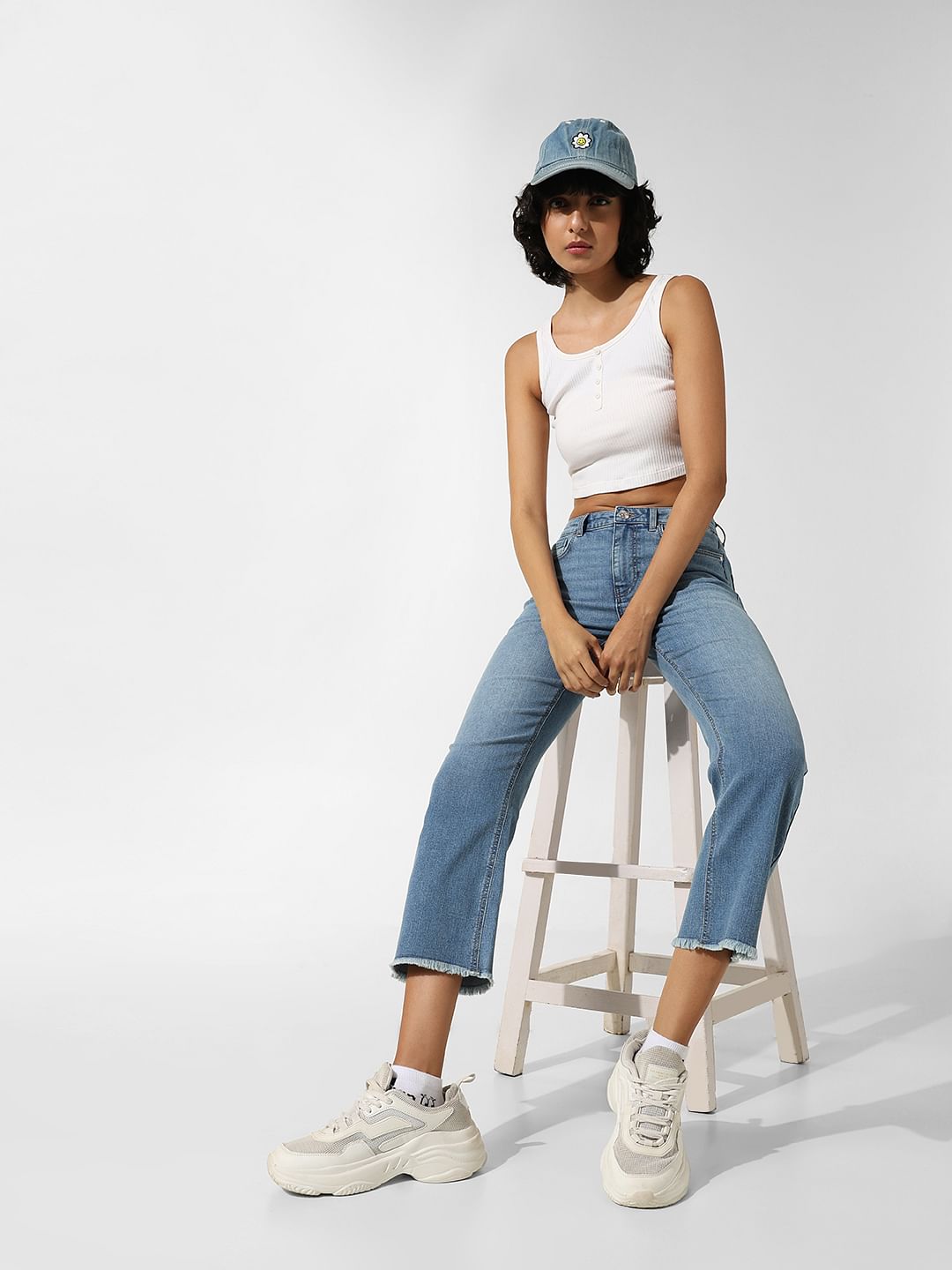 Light Blue Mid Rise Cropped Flared Jeans
