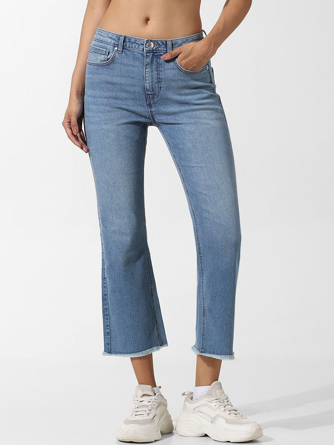 Light Blue Mid Rise Cropped Flared Jeans