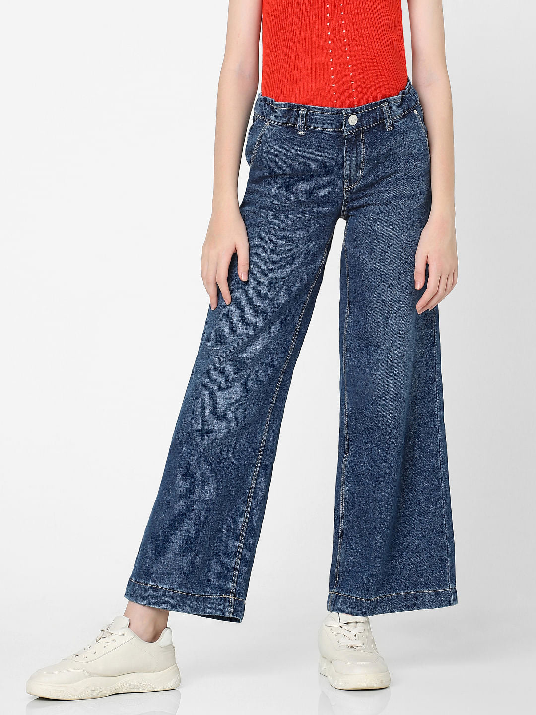 Girls Blue Mid Rise Wide Leg Jeans